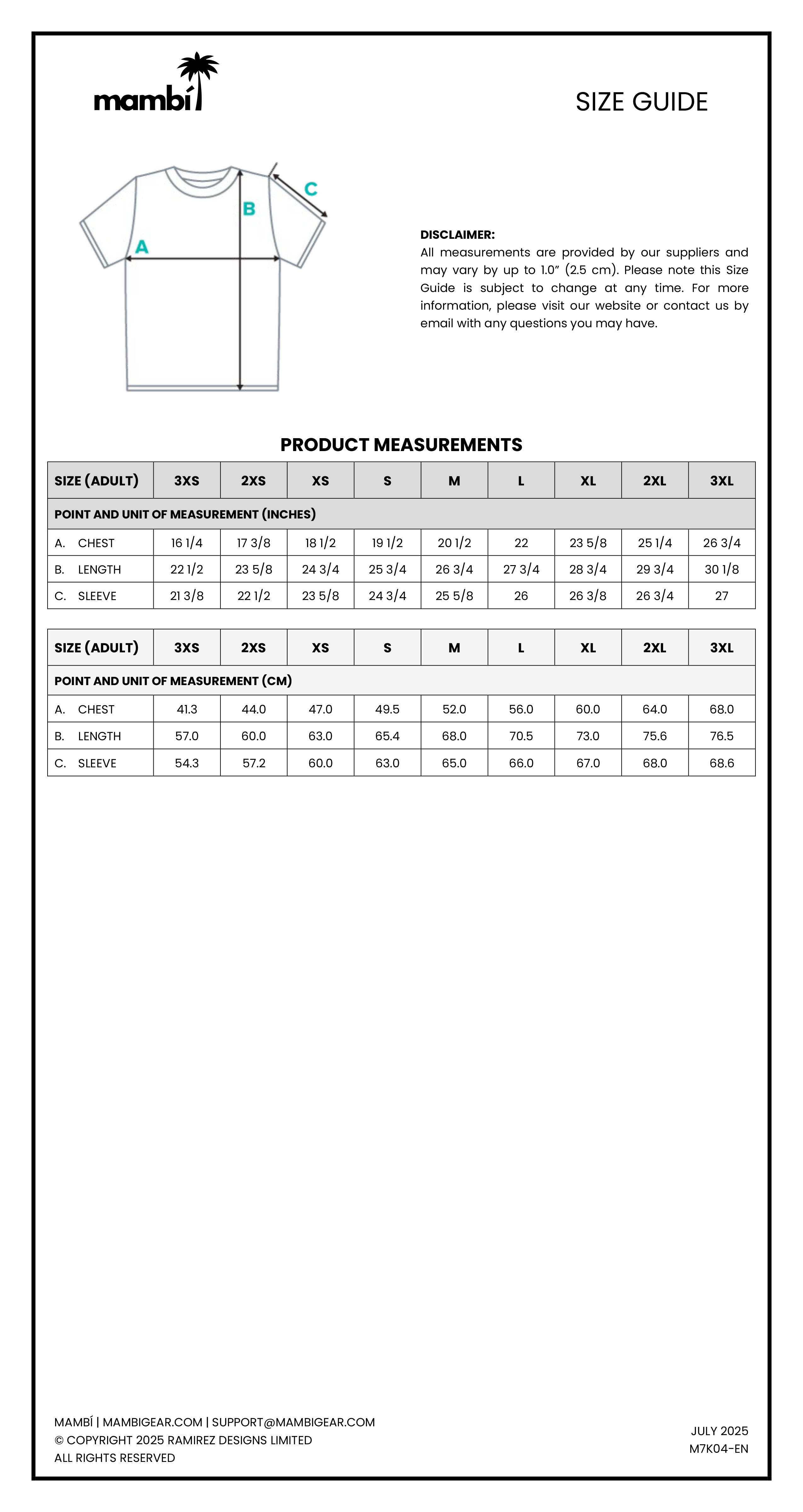 A clothing size guide chart from Mambi with a shirt diagram, showing adult and kids T-shirt measurements (chest, length, sleeve) in inches and centimeters for sizes 2XS to 5XL. Contact info and disclaimer at bottom.