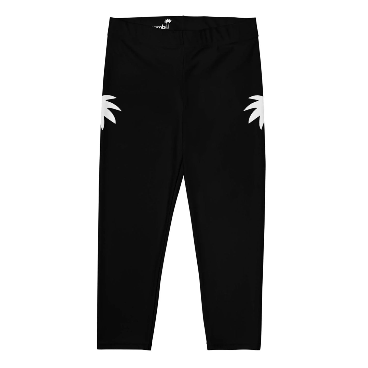 Black leggings with a simple design featuring two white palm tree graphics, one on each hip area, and an elastic waistband. Inspired by Mambí style, these leggings offer a sleek, fitted look.