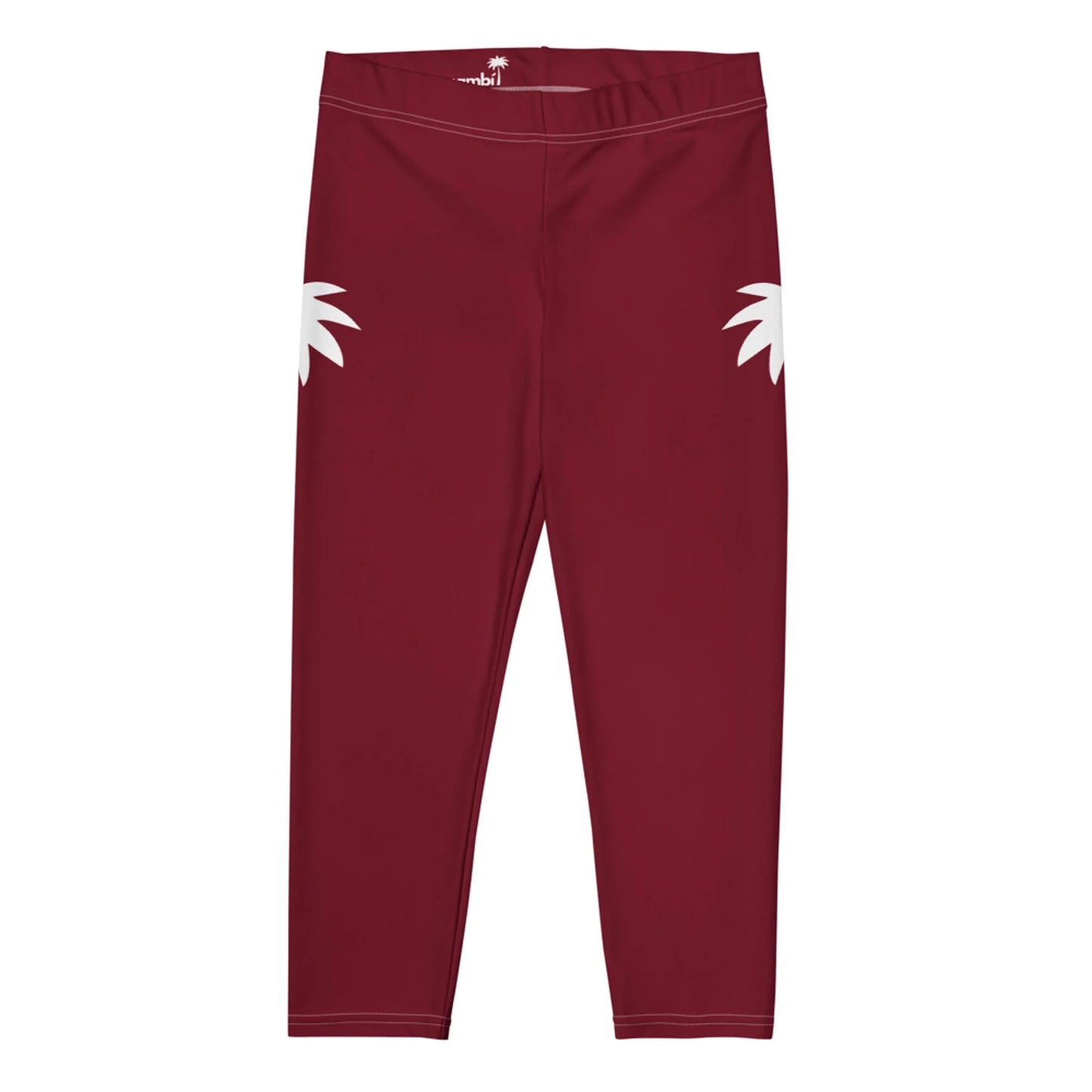 Maroon Mambí leggings with a simple design featuring two white palm tree silhouettes, one on each hip area, displayed on a white background.