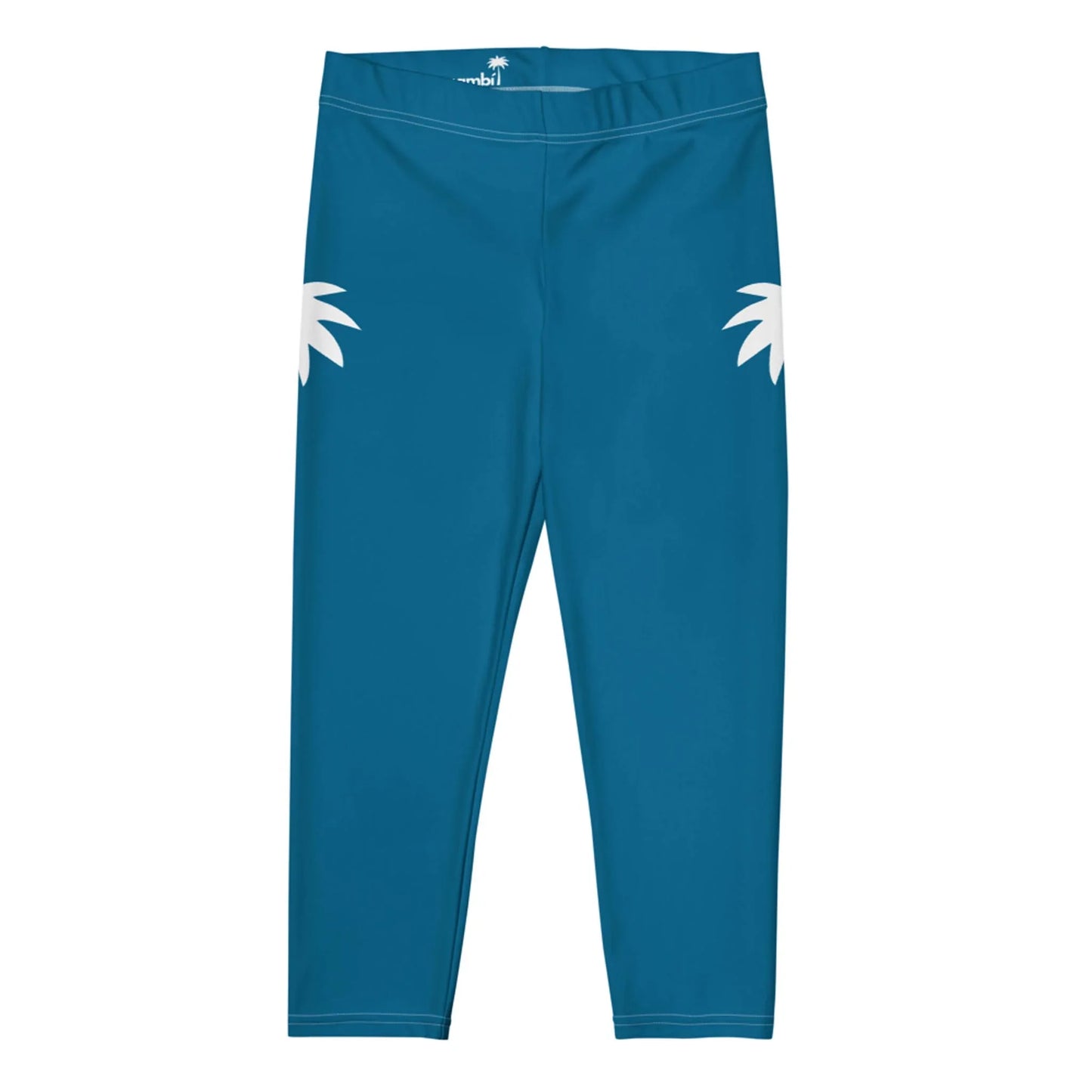 Blue Mambí leggings with a simple design, featuring two white palm leaf shapes on the upper sides of each leg. The leggings are displayed flat against a white background.