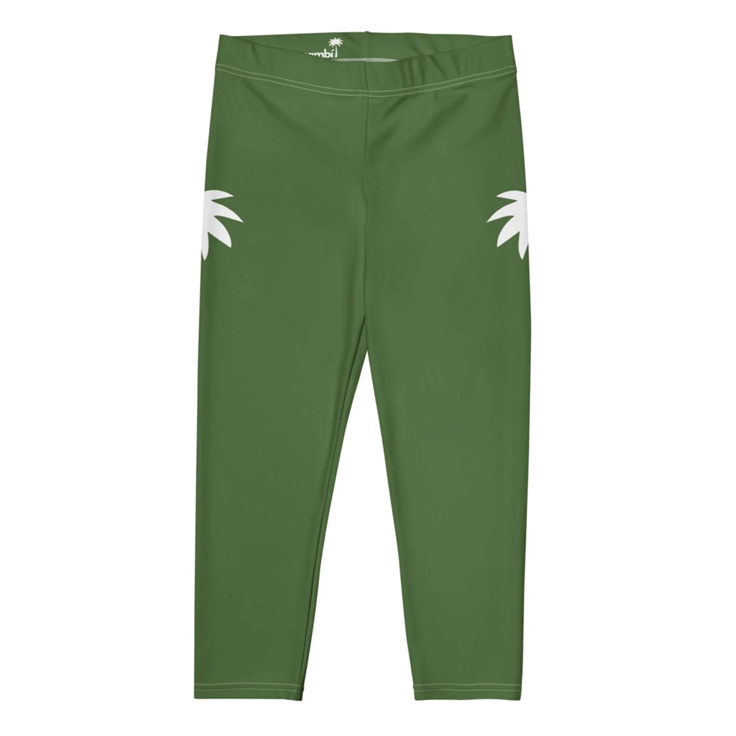 Green leggings with a simple design, featuring two white palm tree silhouettes on the outer sides of each hip. The Mambí leggings have a plain elastic waistband and no visible logos or seams.