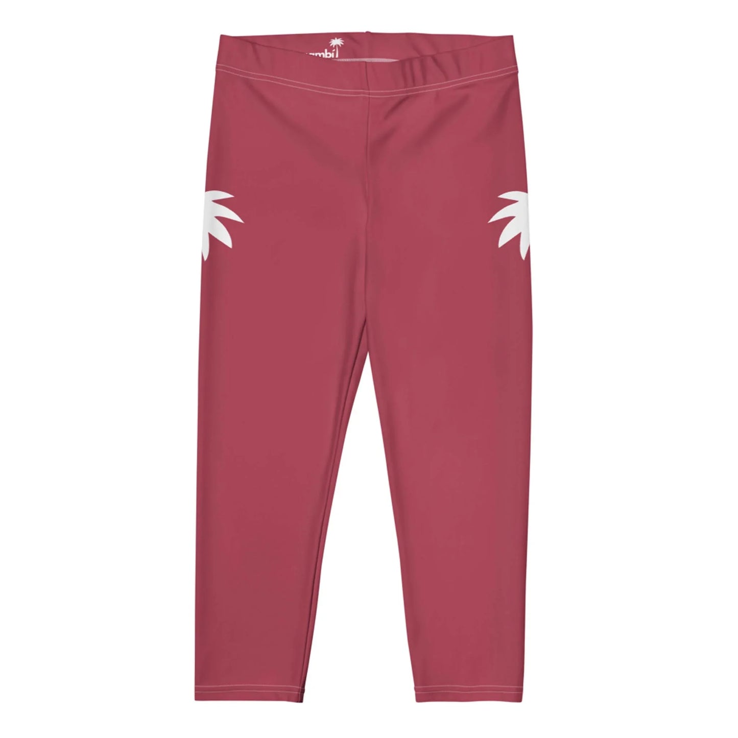 High-waisted, mauve pink Mambí leggings featuring two white palm tree graphics on the hips, displayed on a plain white background.
