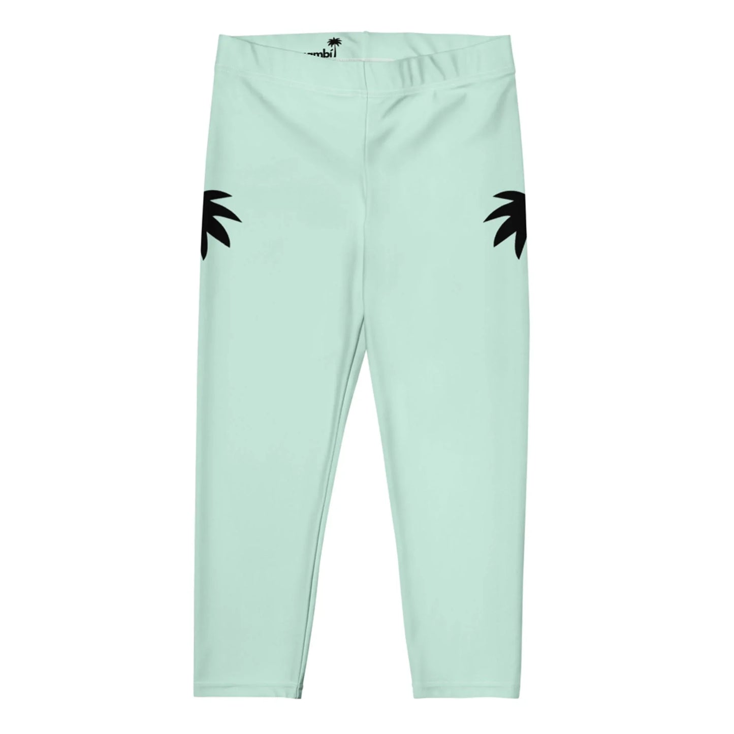 Light blue-green Mambí leggings with a simple design, featuring two black palm leaf shapes on each hip. The leggings have an elastic waistband and no visible pockets or extra details.