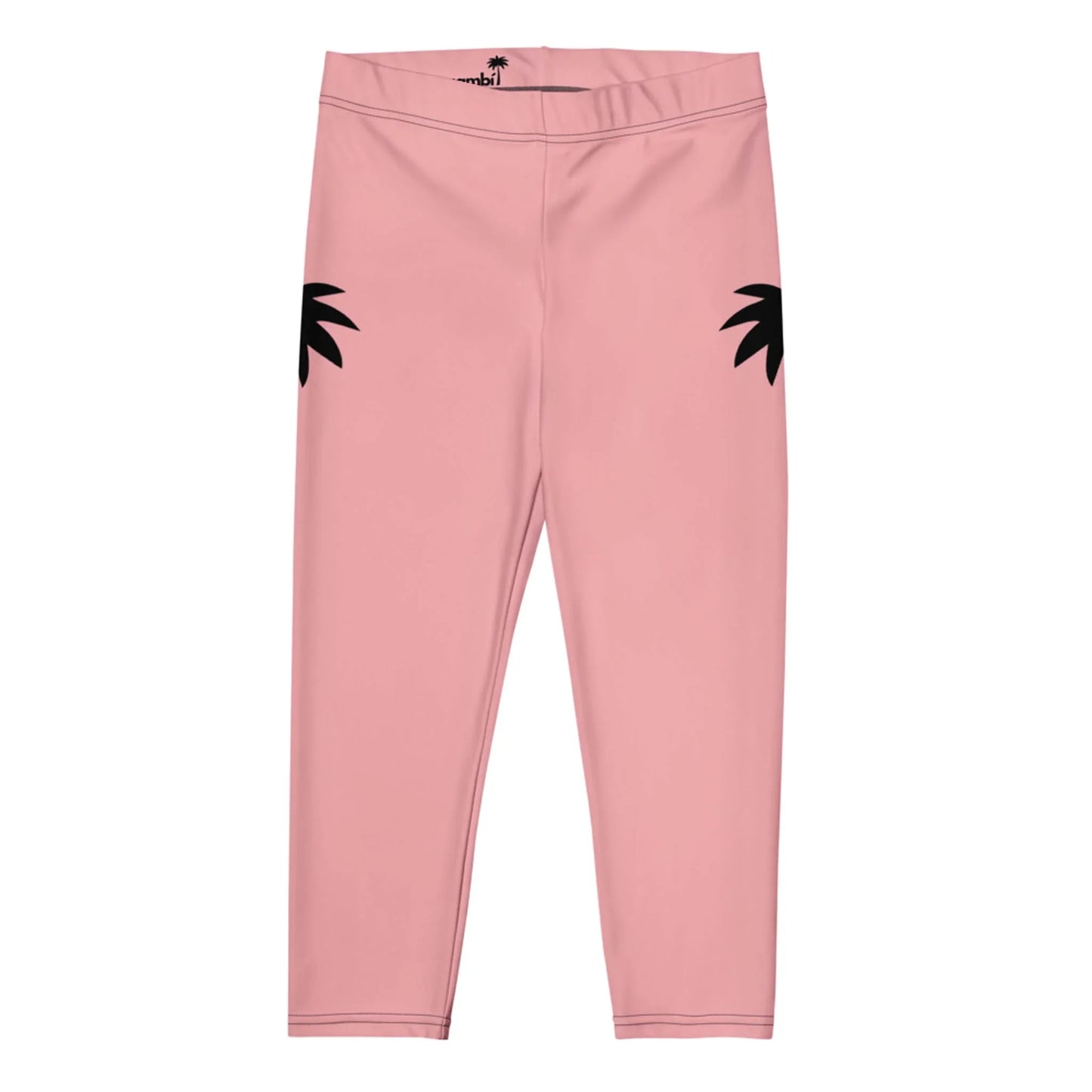 Pink leggings with a simple design, featuring black palm leaf shapes on the outer sides of the hips. These Mambí-inspired leggings are displayed against a white background.