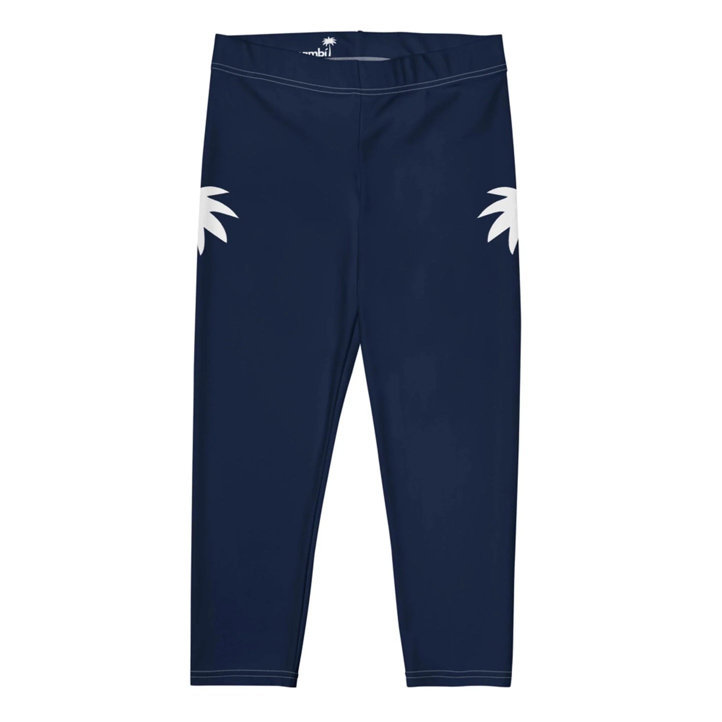 Navy blue Mambí leggings with a white palm tree graphic on each hip, displayed on a plain white background. The leggings have a simple, fitted design and cropped length.
