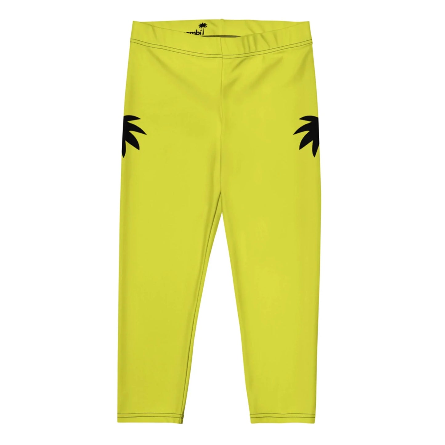 Bright yellow Mambí leggings with black palm tree silhouettes on each hip, displayed flat on a white background.