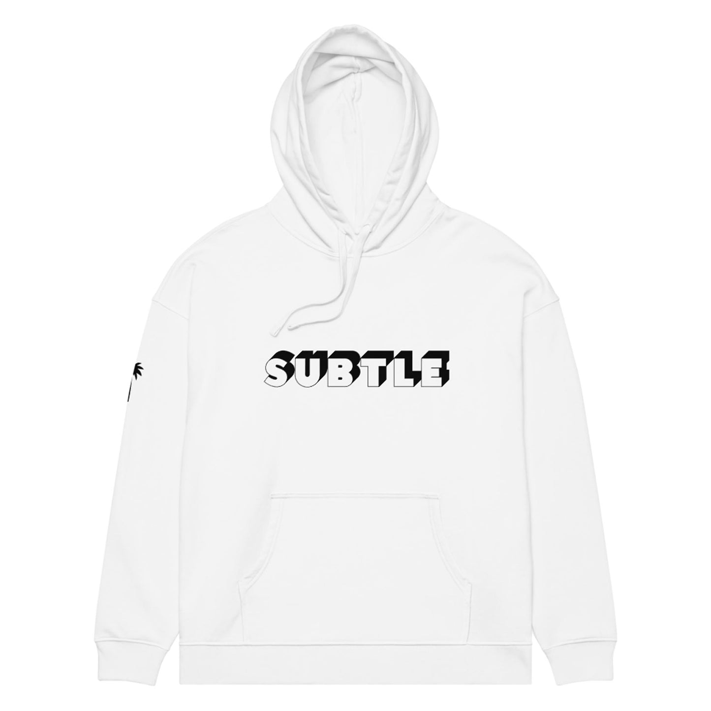 A white hoodie with a front pocket features the word SUBTLE in bold, black and white block letters on the chest, inspired by Mambí style. A small black palm tree graphic accents the left sleeve.