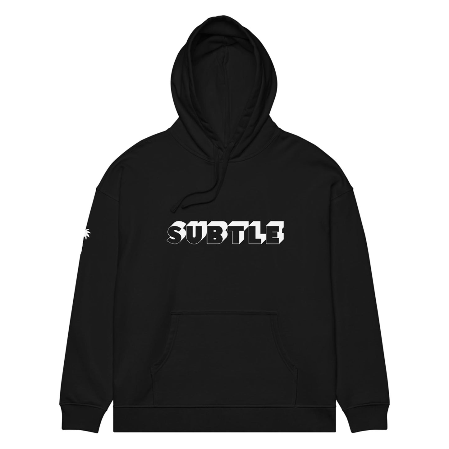 Black hooded sweatshirt featuring Mambí with SUBTLE written in bold, white, uppercase letters across the chest. A small white graphic resembling an asterisk or burst accents the right sleeve.