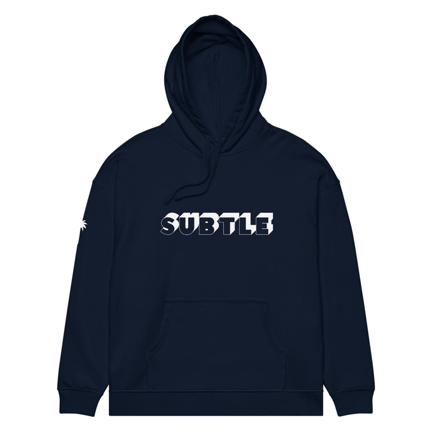 A navy blue hoodie with a front pocket and hood, featuring the word SUBTLE in bold white and gray 3D letters across the chest. A small Mambí graphic in white appears on the left sleeve.