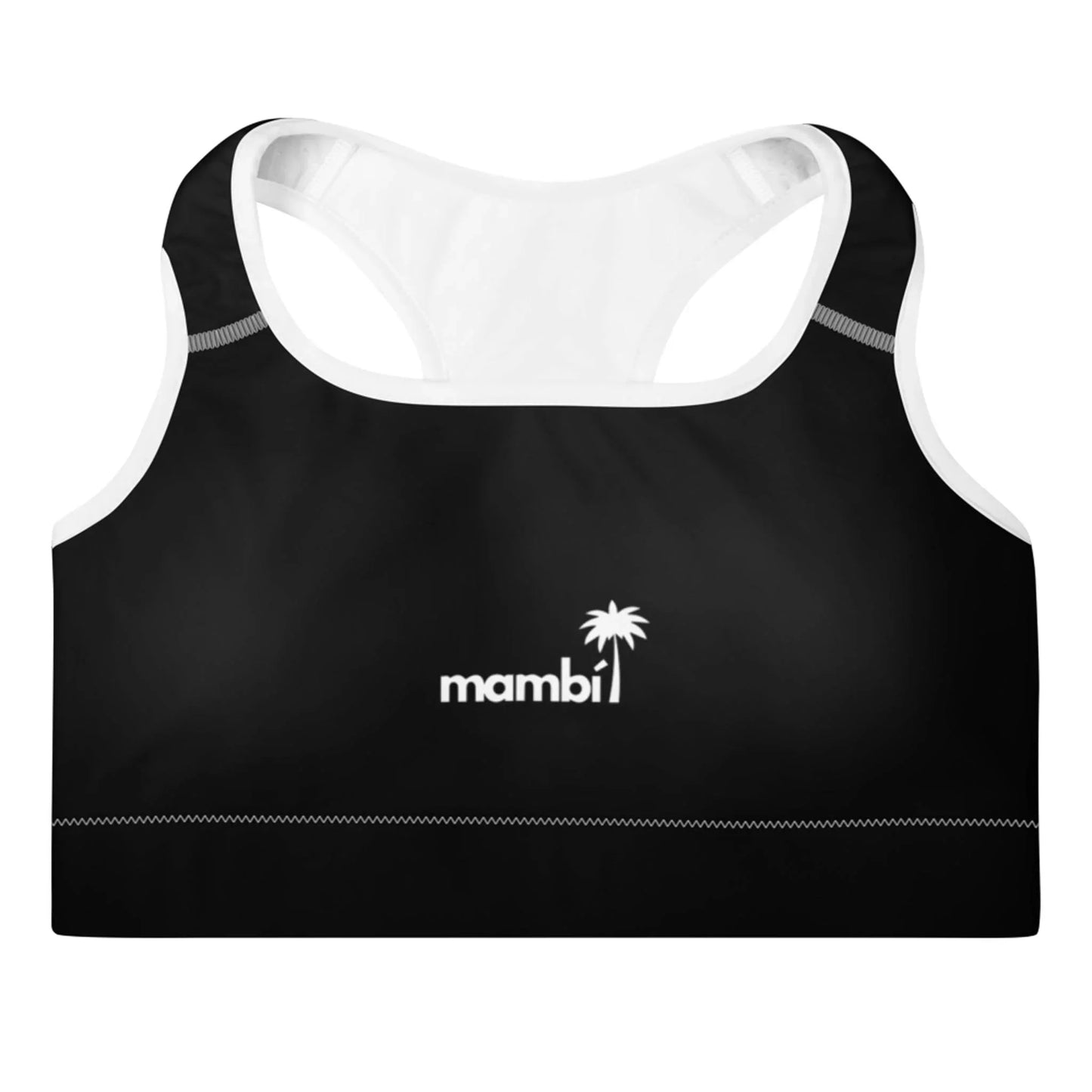A black sports bra with white inner lining, featuring the word Mambí and a palm tree graphic in white on the front center.