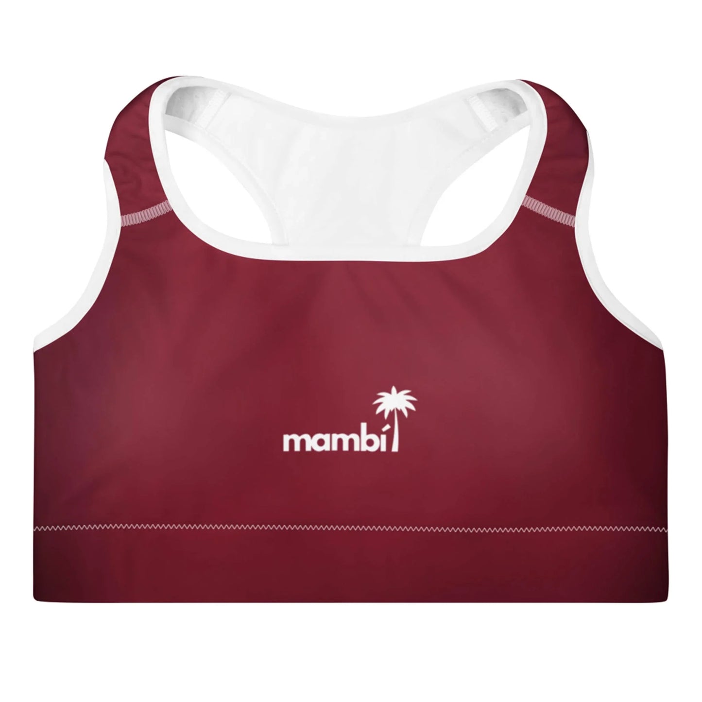 A maroon sports bra with a white racerback and white stitching, featuring the word Mambí and a palm tree logo printed in white on the front.