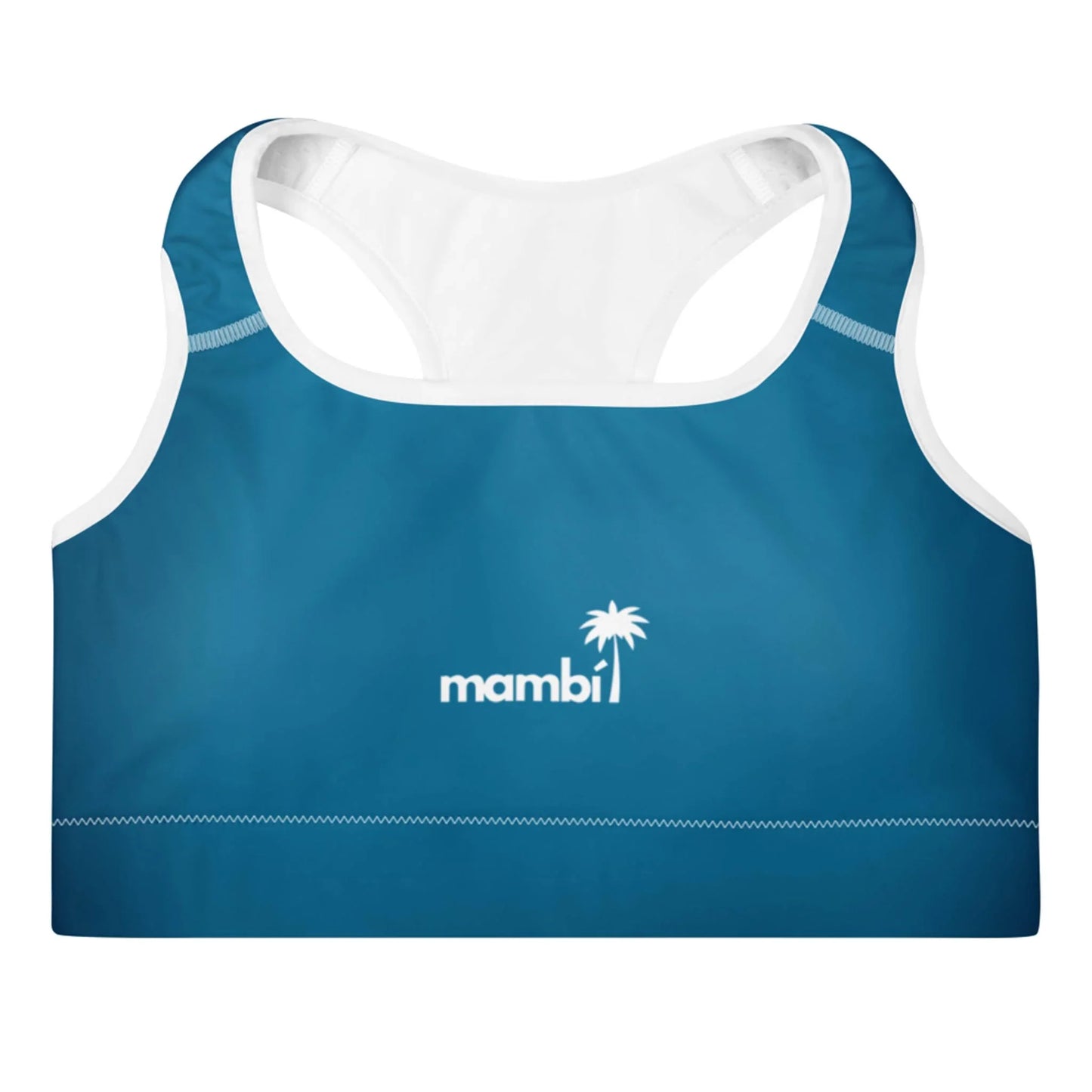 Blue sports bra with white interior lining, featuring the word Mambí and a palm tree logo in white on the front center. Racerback straps complete the look against a plain white background.