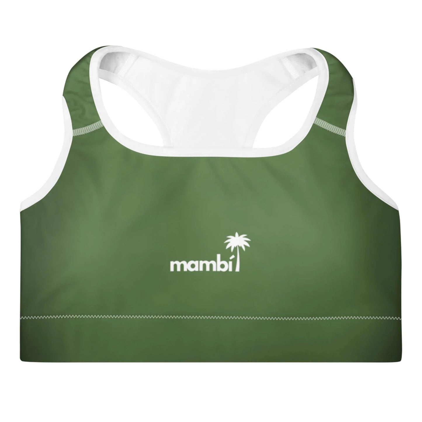 A green sports bra with white inner lining, featuring the word Mambí and a palm tree logo in white on the front center.