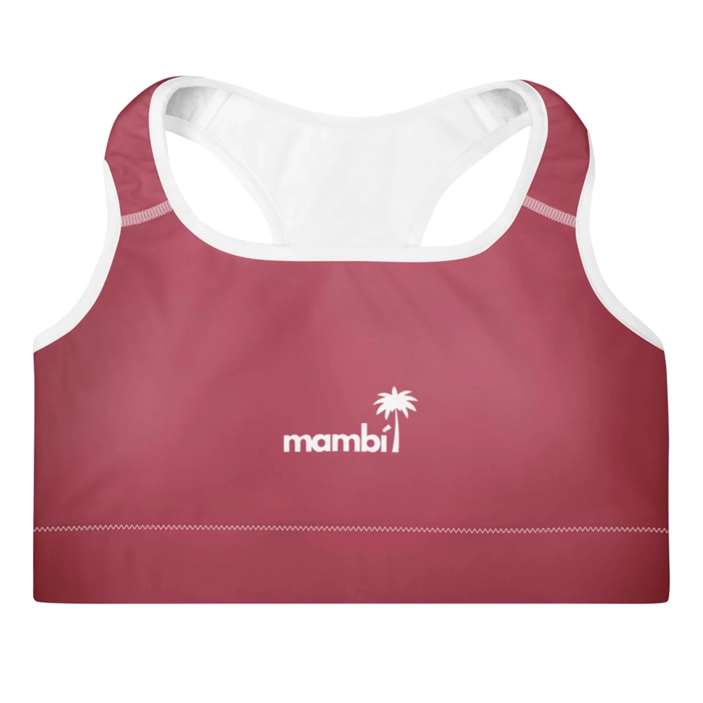 A maroon sports bra with white trim, featuring the word Mambí and a palm tree logo in white on the front center.