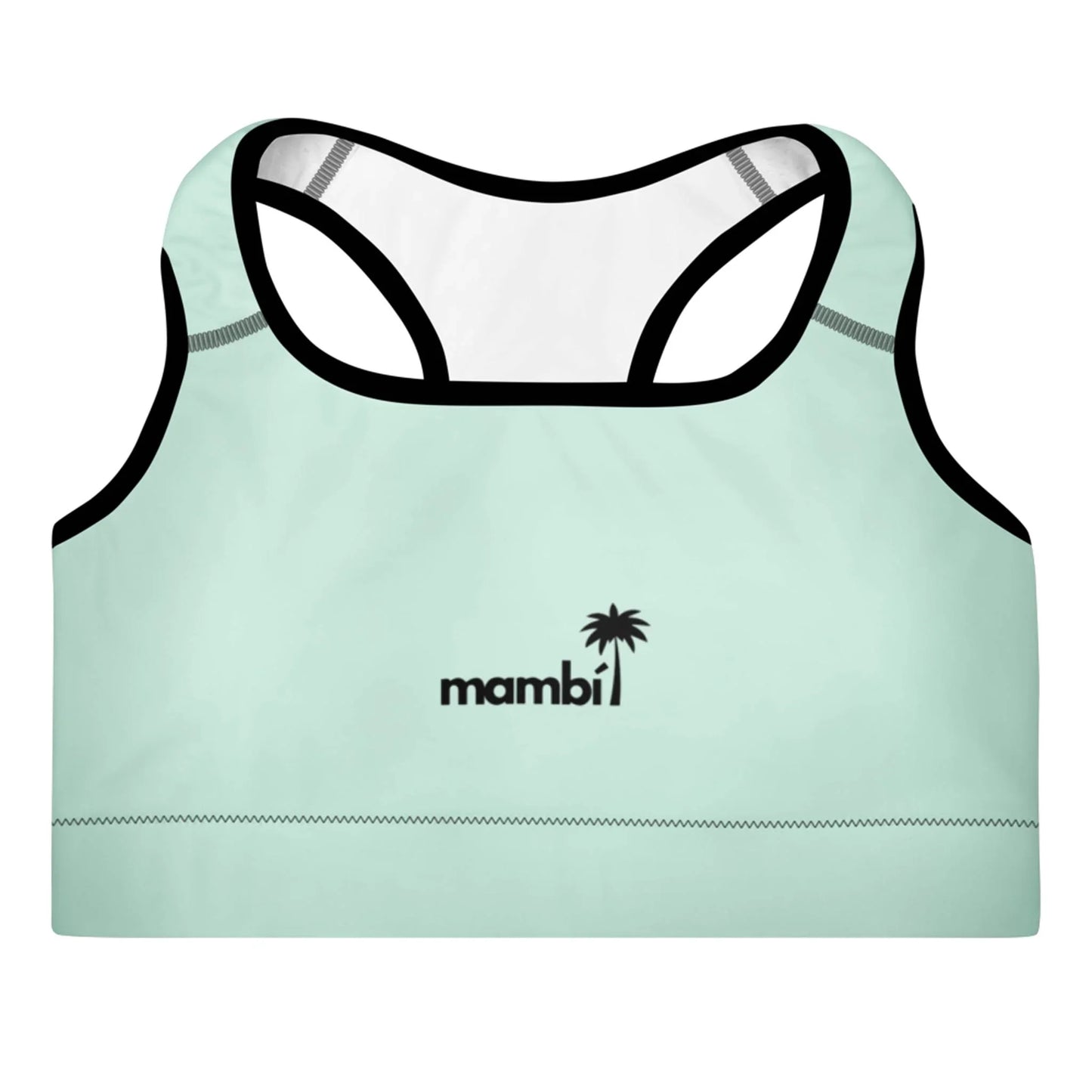 A light mint green sports bra with black trim, featuring the word Mambí and a small black palm tree graphic on the front center.