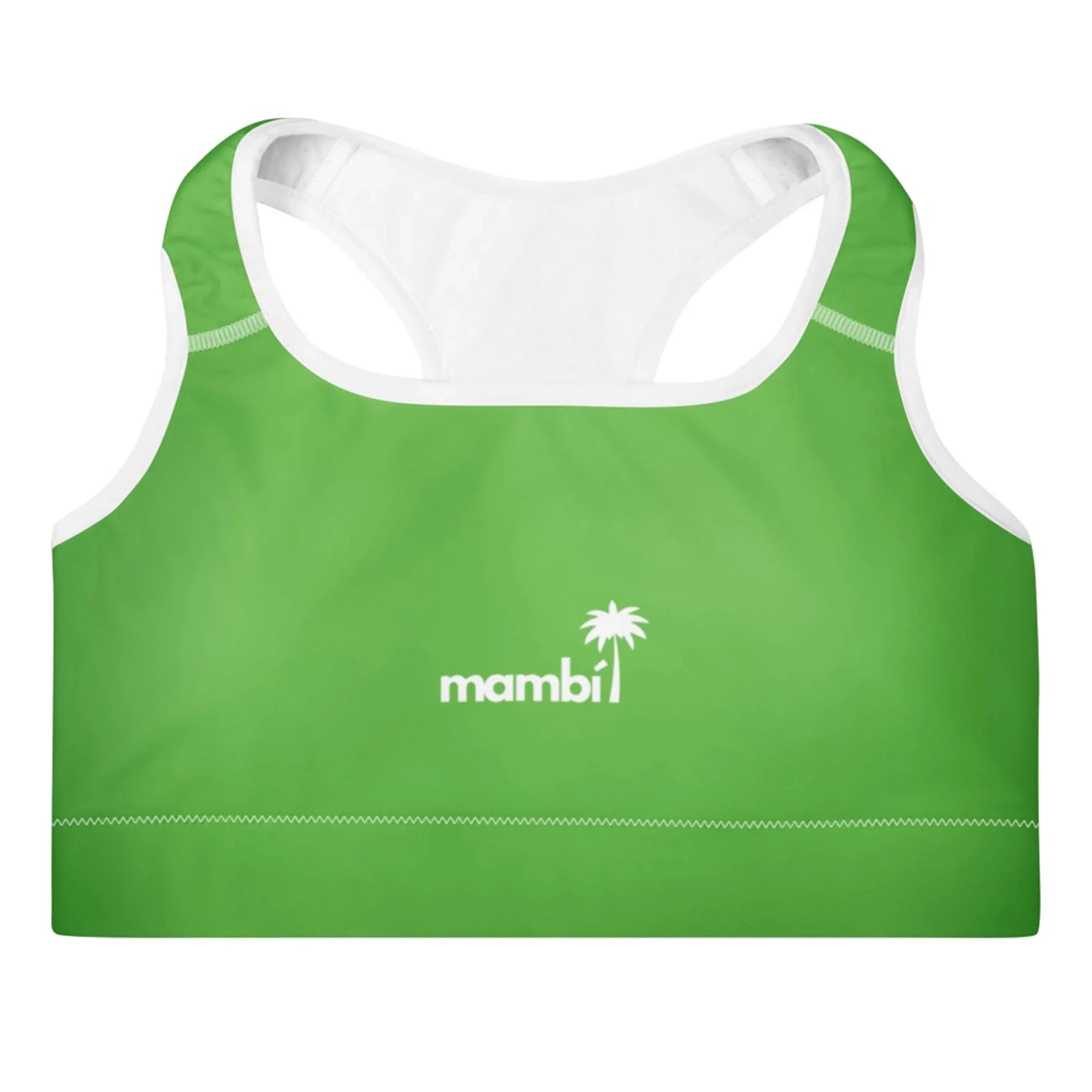 A green sports bra with white trim, featuring the word Mambí and a small palm tree logo in white on the front center.