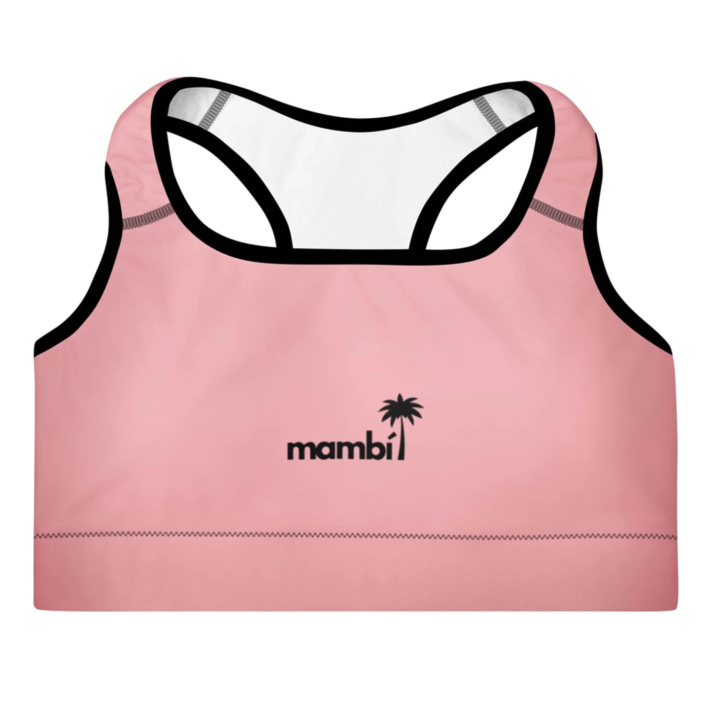 A pink sports bra with black trim, featuring the word Mambí and a small palm tree graphic printed in black on the front center. The background is white.