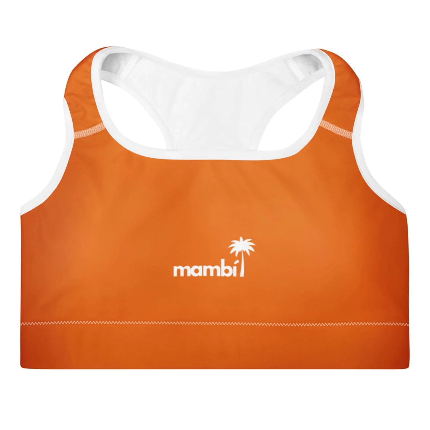 An orange sports bra with white trim and racerback design features the word Mambí and a palm tree logo in white on the front, complemented by a white interior lining.