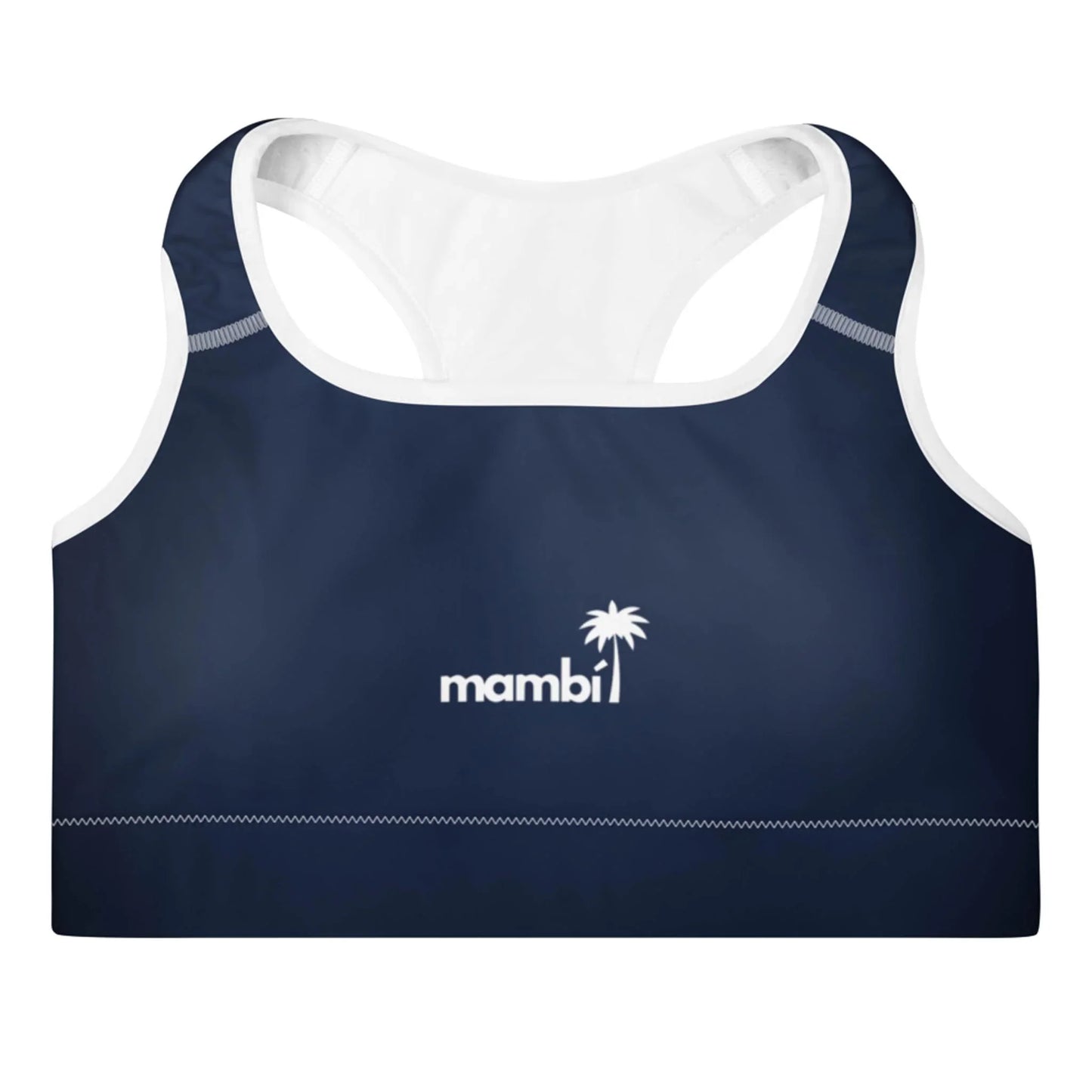 Navy blue sports bra with white trim, featuring a Mambí logo and a palm tree graphic centered on the front. The racerback design and visible stitching add to its sporty style.