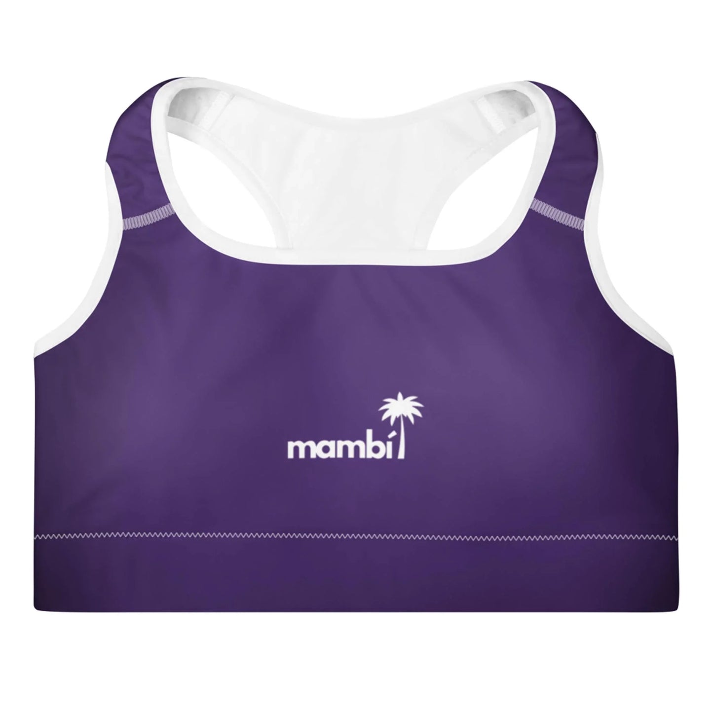 A purple sports bra with white interior lining, featuring the word Mambí and a palm tree logo in white on the front center.
