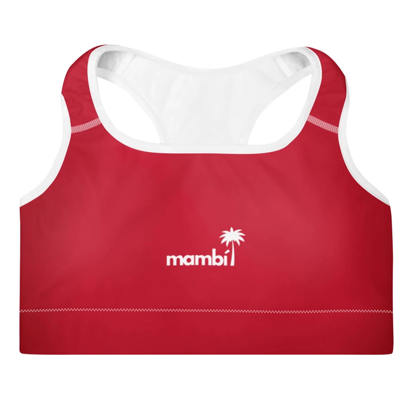 Red sports bra with white interior, white trim along the edges, and a small white palm tree logo above the word Mambí centered on the front.