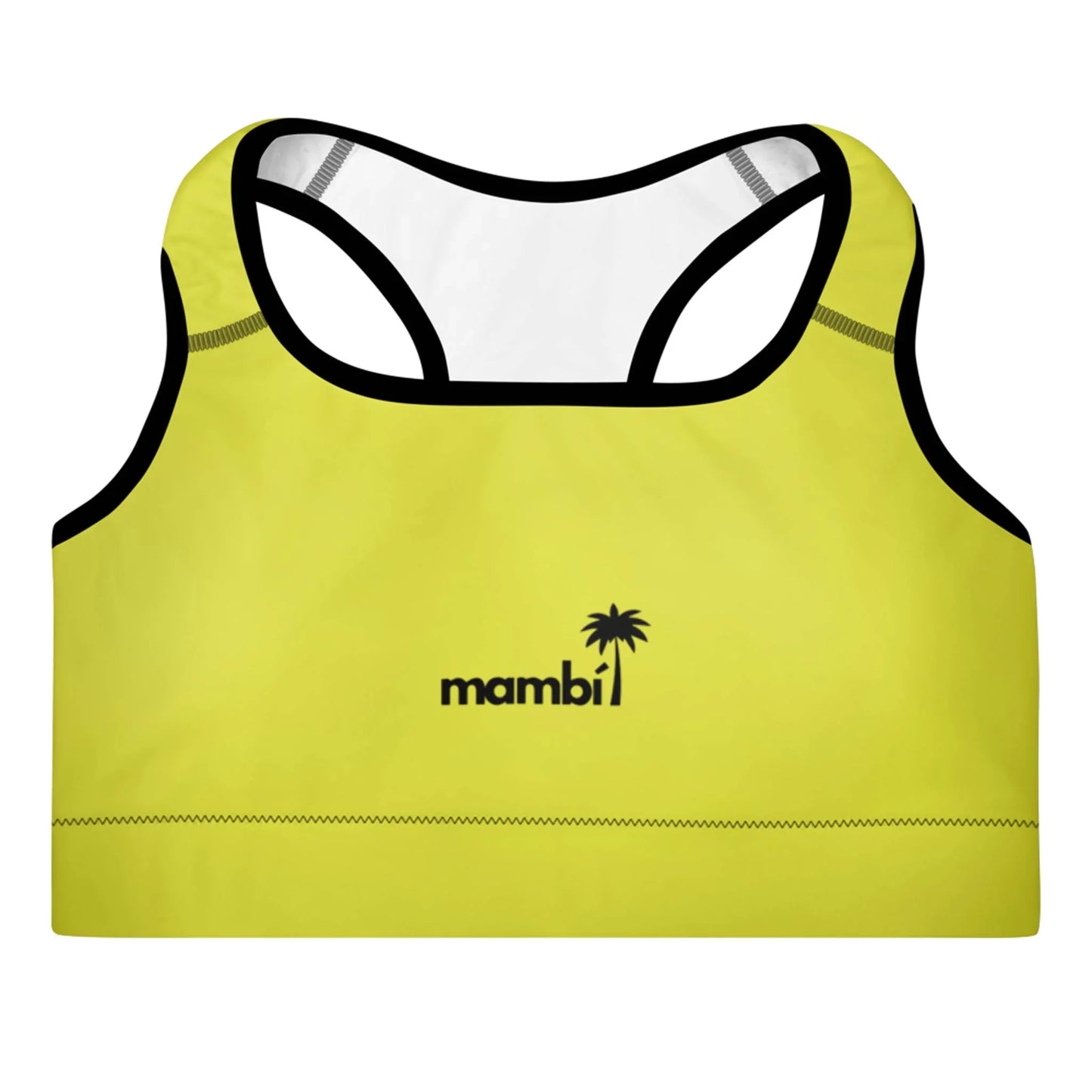 A yellow Mambí sports bra with black trim, featuring a small palm tree graphic and the word mambi printed in black on the front. The background is plain white.