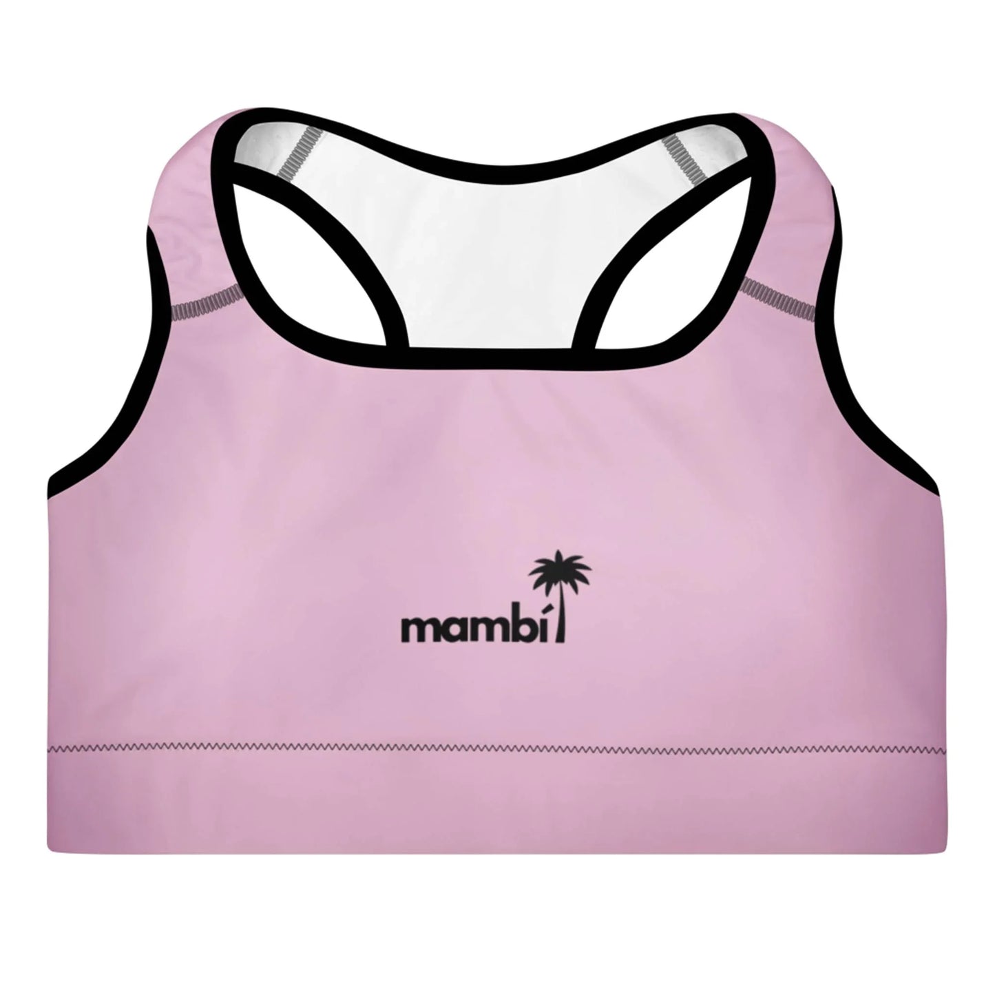 A pink sports bra with black trim, featuring the word Mambí and a small palm tree logo printed in black on the front center.