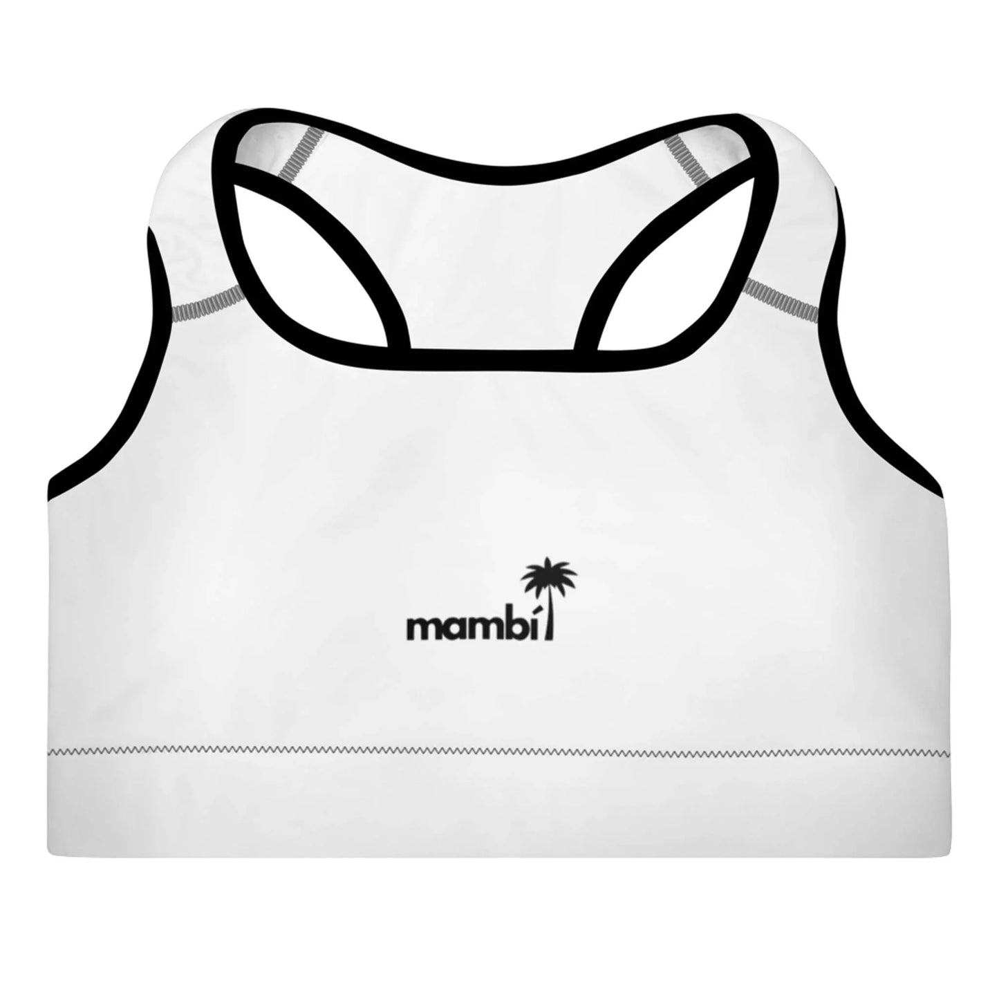 A white sports bra with black trim, featuring the word Mambí and a small palm tree graphic in black on the front center.