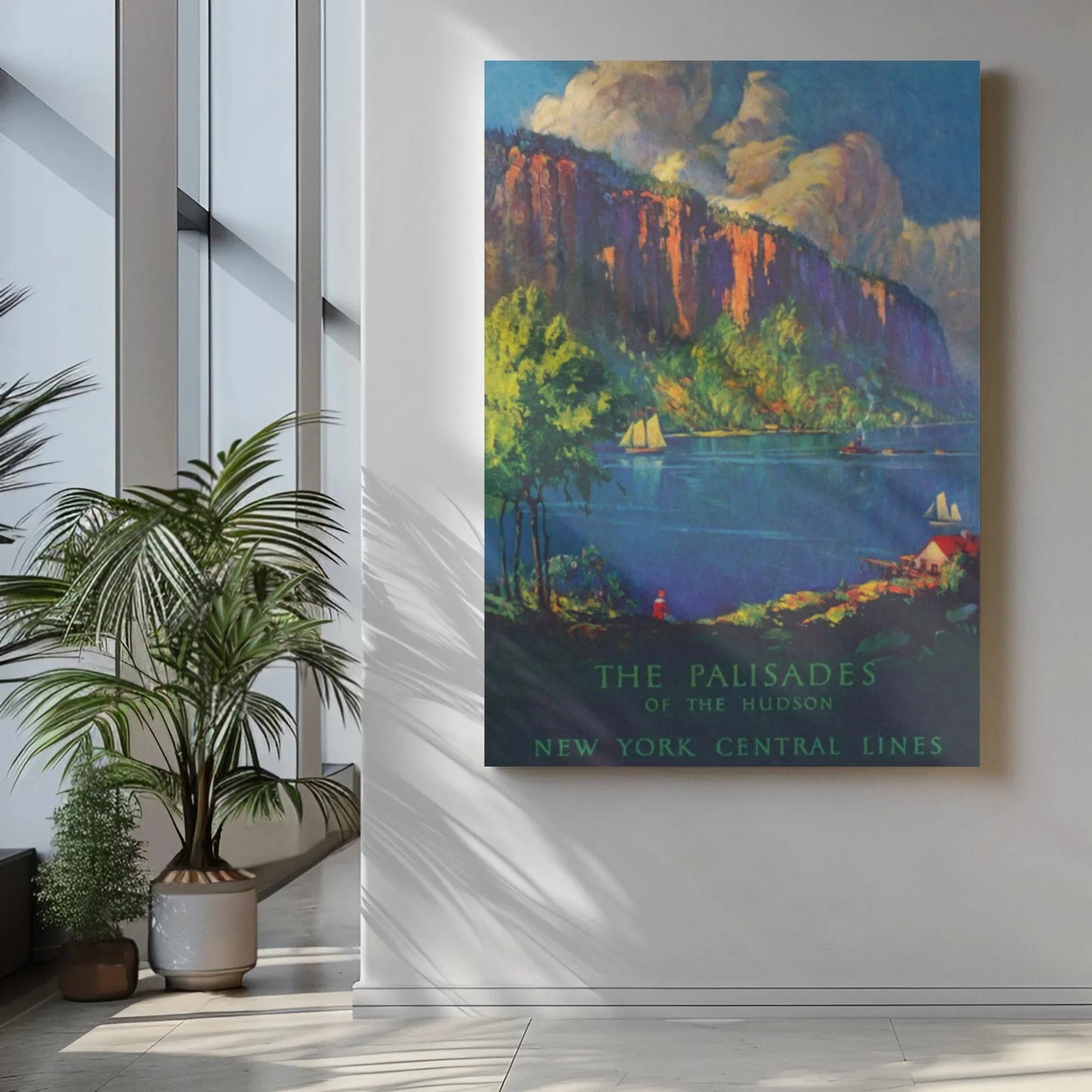 The Palisades Reprinted Vintage Poster by Printful, sized 24x36 and printed on premium luster paper, showcases rocky cliffs, water, sailboats, and colorful clouds—adding sophistication to any room.