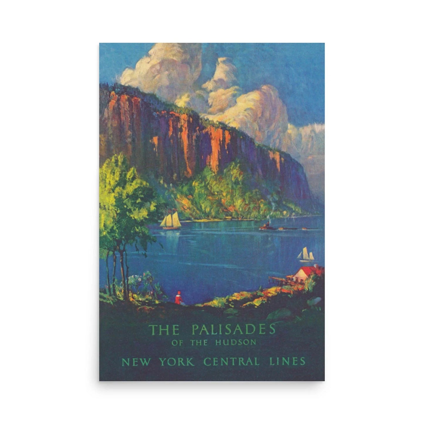 The Palisades Reprinted Vintage Poster by Printful features stunning cliffs, trees, sailboats, and buildings along the Hudson. Printed on premium luster paper, 24x36. The Palisades of the Hudson, New York Central Lines at bottom.