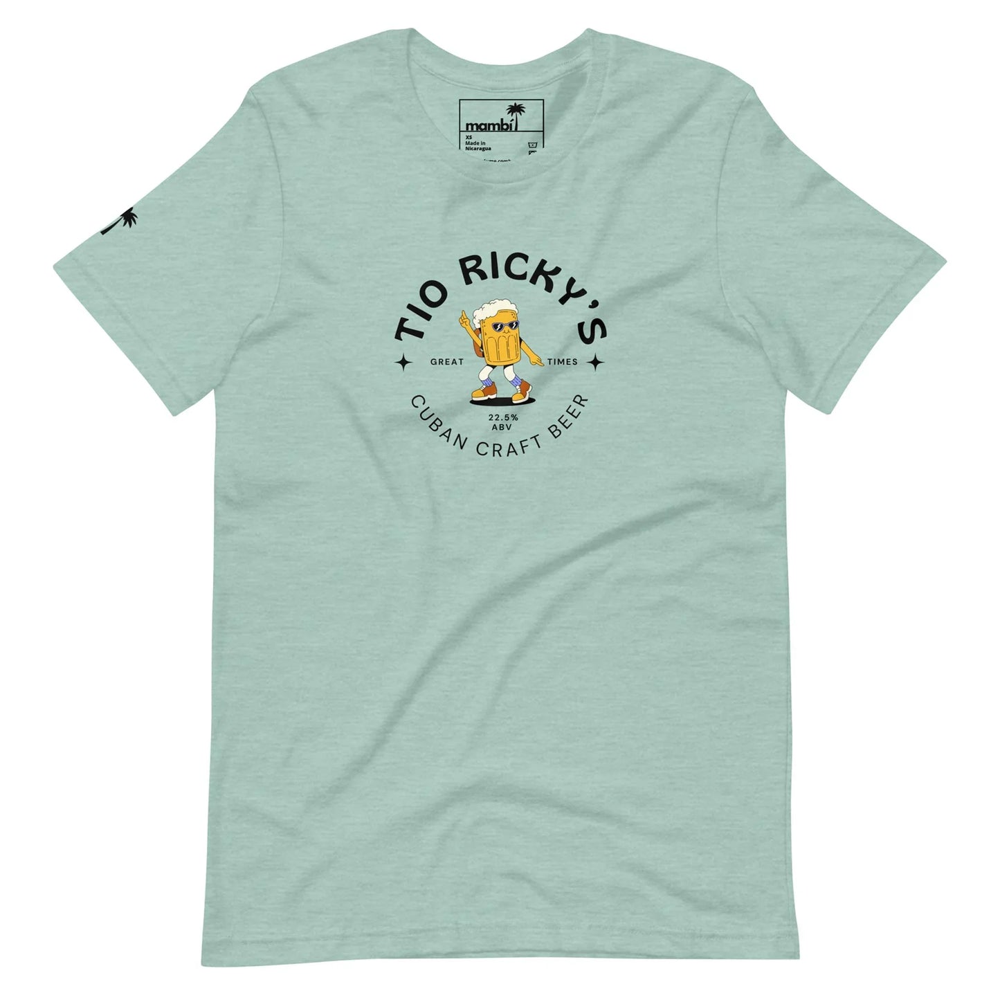 Light green T-shirt featuring a logo that reads Tio Rickys Cuban Craft Beer, with a cheerful Mambí beer mug character holding a Cuban flag and a small palm tree on the left sleeve.