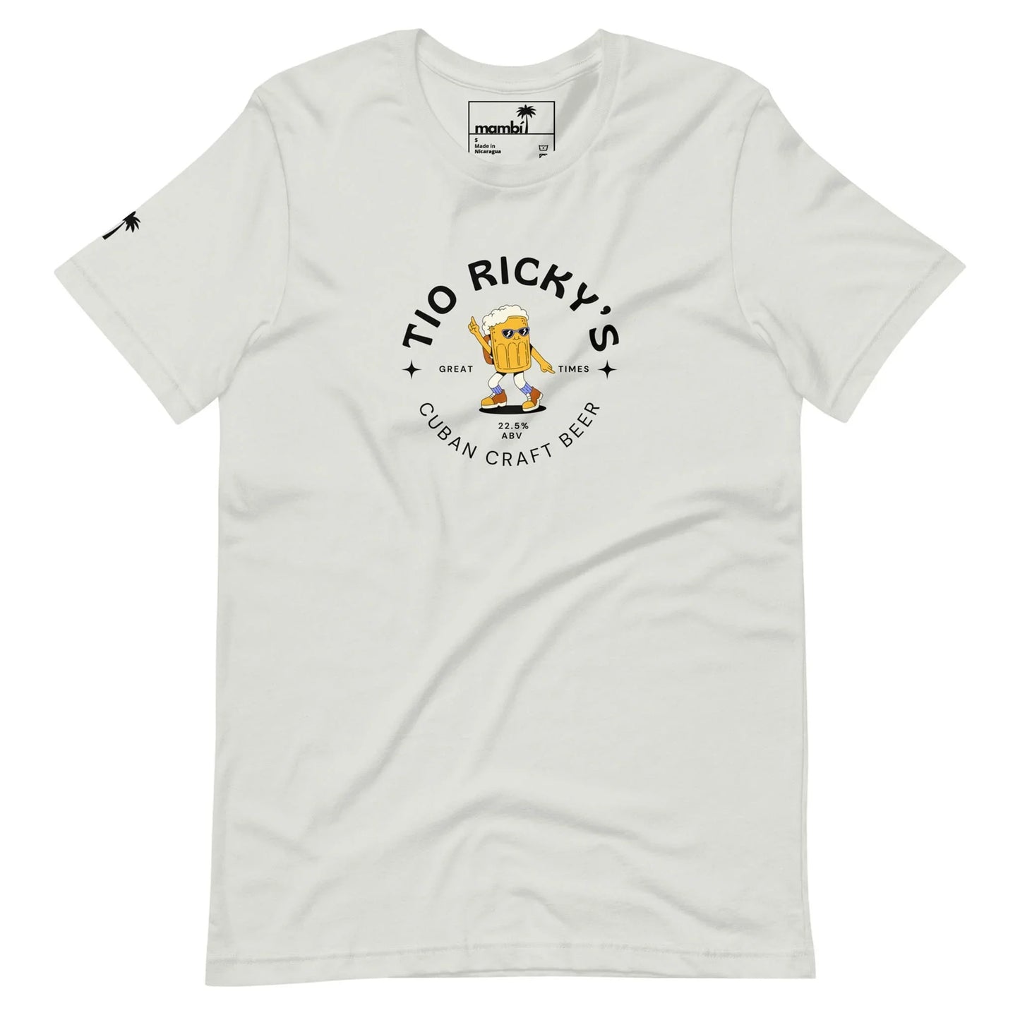 White t-shirt featuring a cartoon beer mug with arms, legs, and sunglasses. The text above reads Tio Rickys and below, Cuban Craft Beer with Great Times and Mambí in smaller text. Small palm tree on right sleeve.