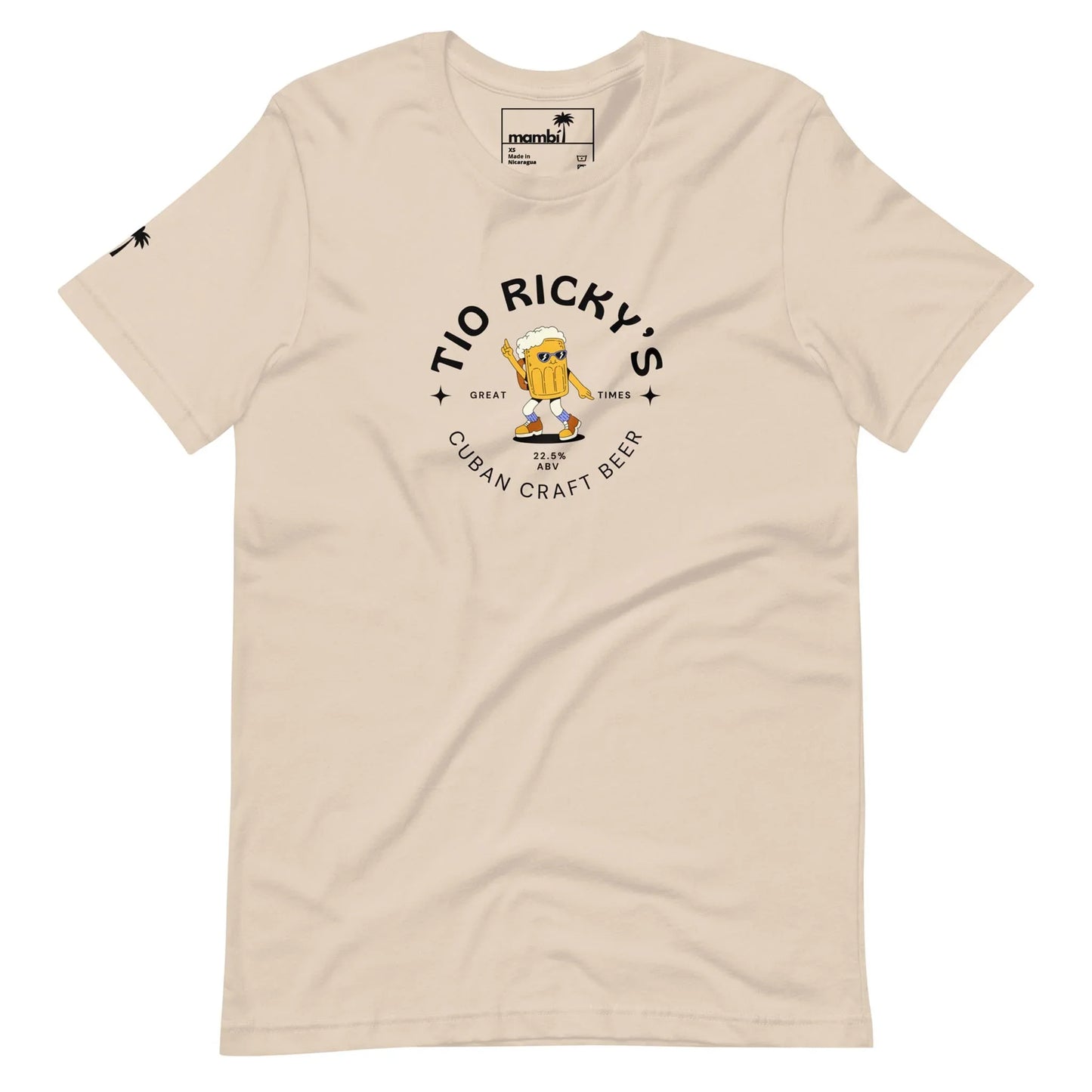 Beige T-shirt with Tio Rickys Cuban Craft Beer and Mambí printed on the front, featuring a cartoon beer mug character with arms raised and wearing sunglasses. Small palm tree graphic on the left sleeve.