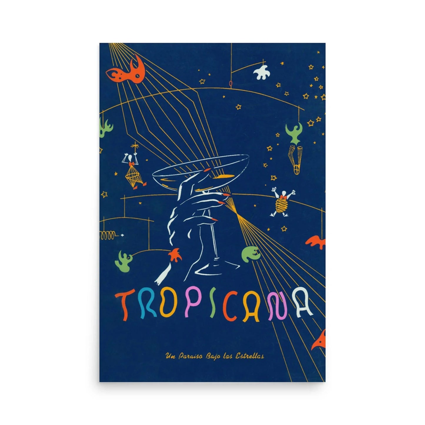 The Tropicana Reprinted Vintage Poster by Printful features a vibrant illustration with a hand holding a cocktail glass on a blue background amid stars and animals. Printed on premium luster paper, “Tropicana” appears in rainbow letters below. Size: 24x36.