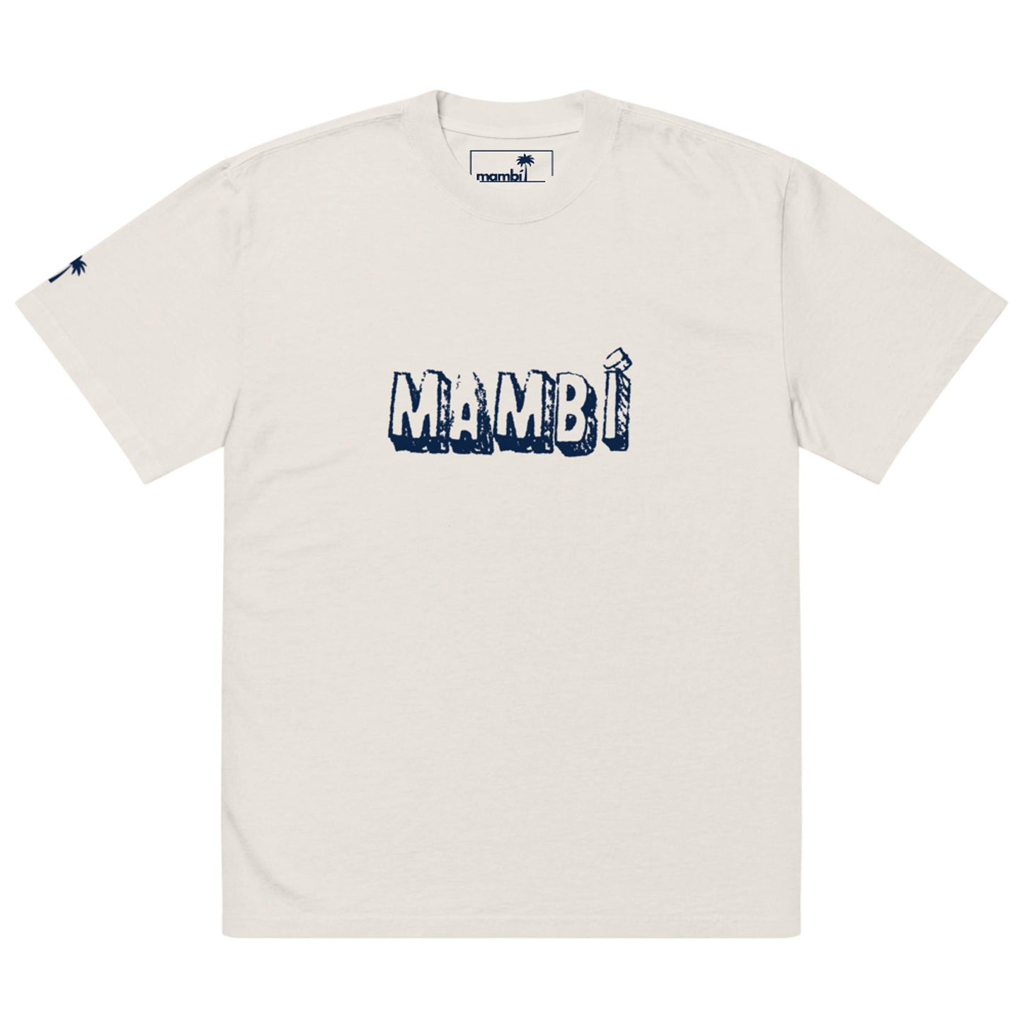 Off-white t-shirt featuring MAMBÍ in bold, distressed navy blue letters across the chest and a small navy blue logo on the left sleeve.