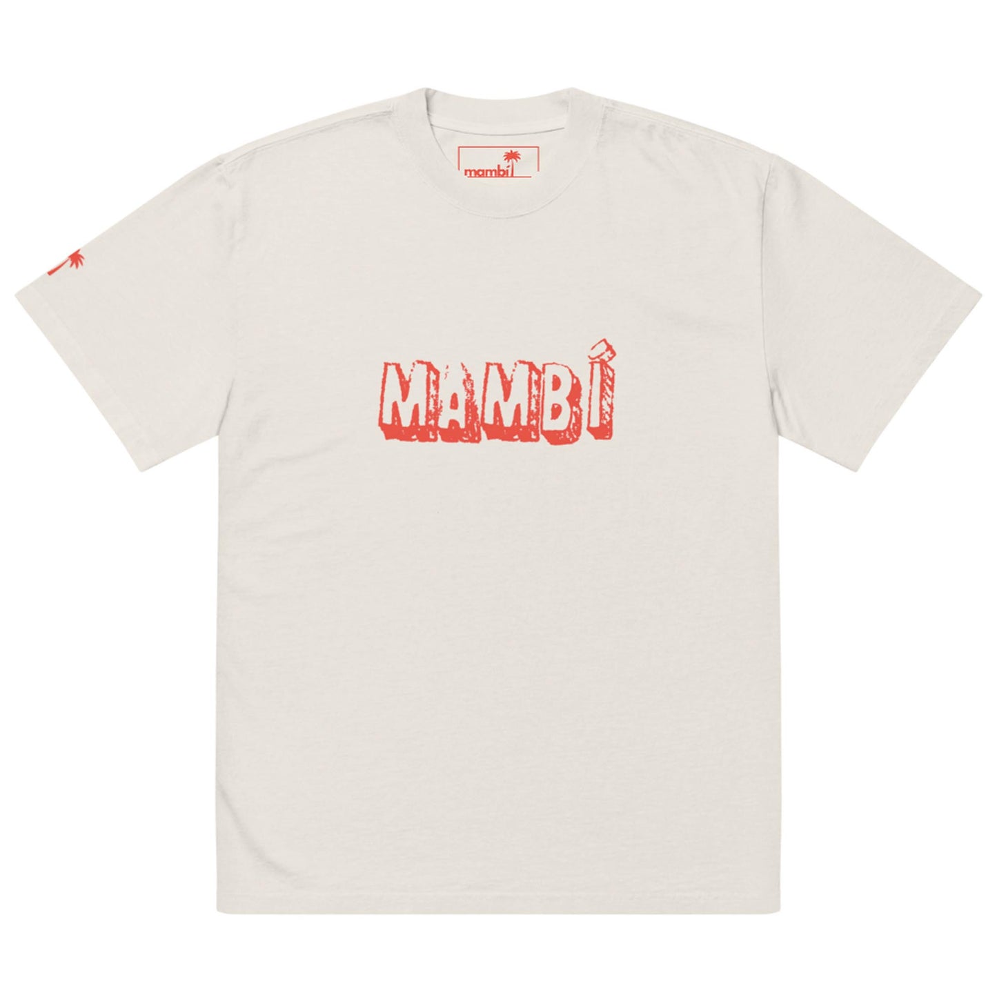 A plain white T-shirt with MAMBÍ printed in large, bold, red letters across the chest and a small red design on the left sleeve near the shoulder.