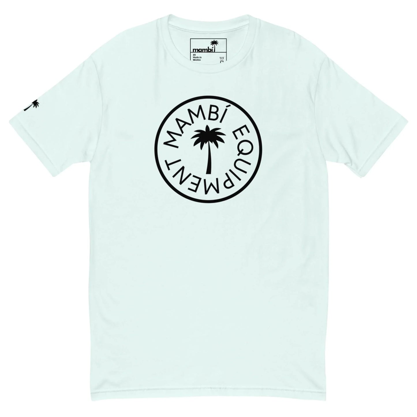 Light mint green t-shirt featuring a black circular Mambí EQUIPMENT logo on the chest and a small palm tree graphic on the left sleeve.