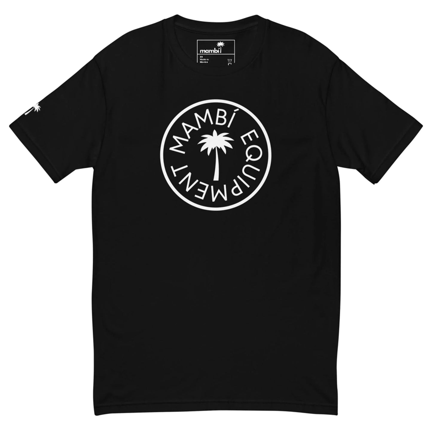 Black t-shirt featuring a white circular logo with a palm tree in the center and the words MAMBÍ EQUIPMENT around it. Mambí branding is visible inside the collar.