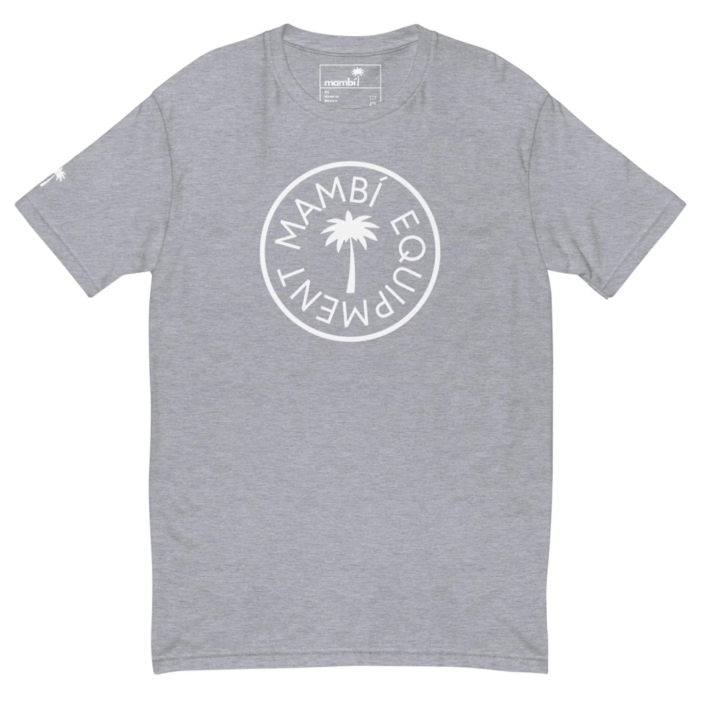 Light gray short-sleeve t-shirt with a white circular Mambí EQUIPMENT logo around a palm tree graphic on the chest. Features a brand tag inside the collar and a small palm logo on the right sleeve.