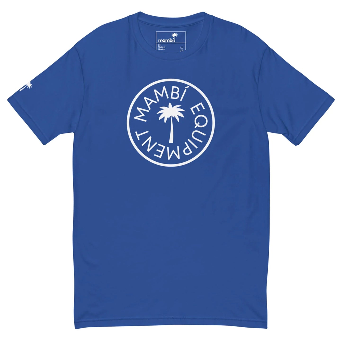 A royal blue Mambí t-shirt featuring a white circular logo with a palm tree in the center and the words MAMBÍ EQUIPMENT around it. A small palm tree accents the left sleeve.