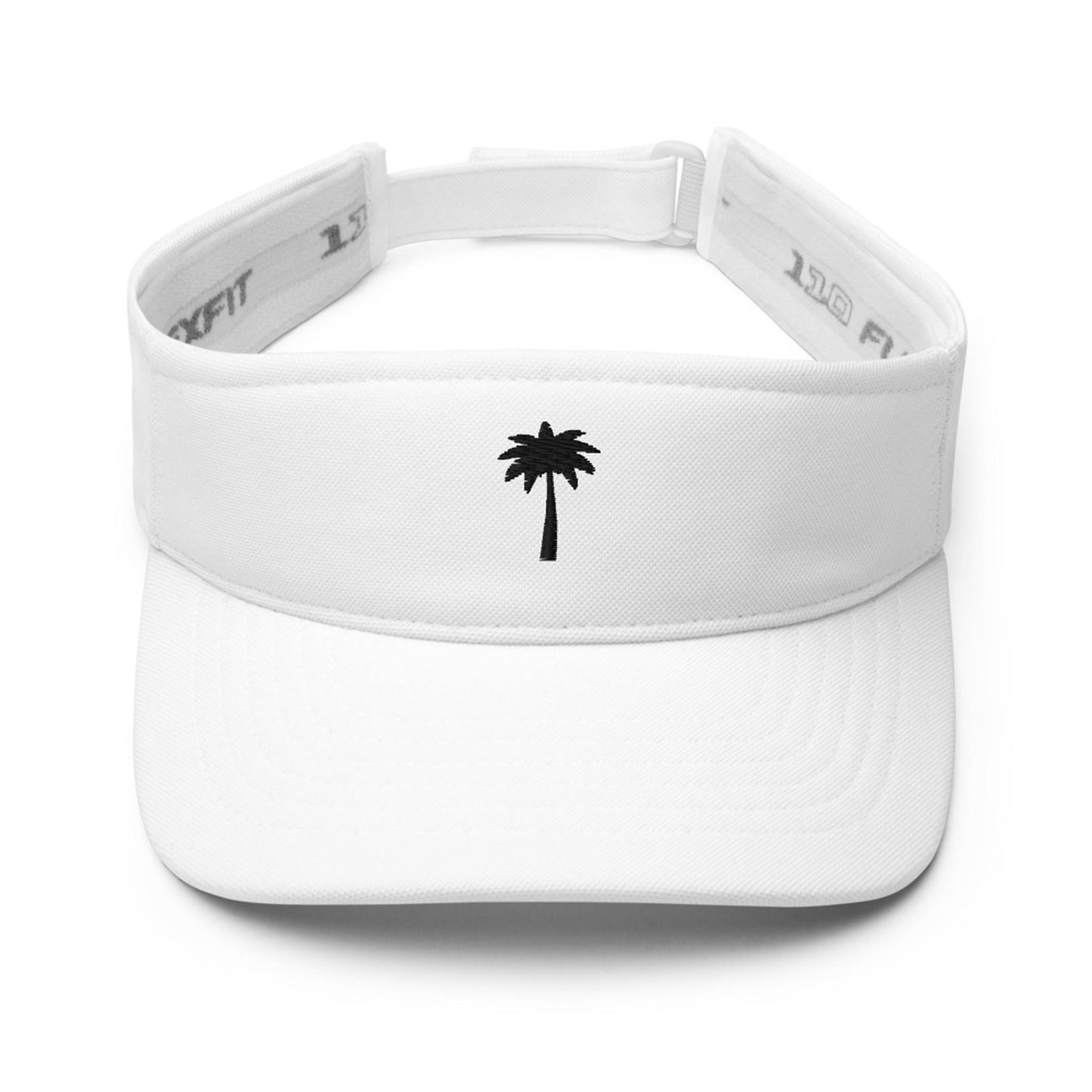A white Mambí visor hat featuring a simple black palm tree design embroidered on the front center.