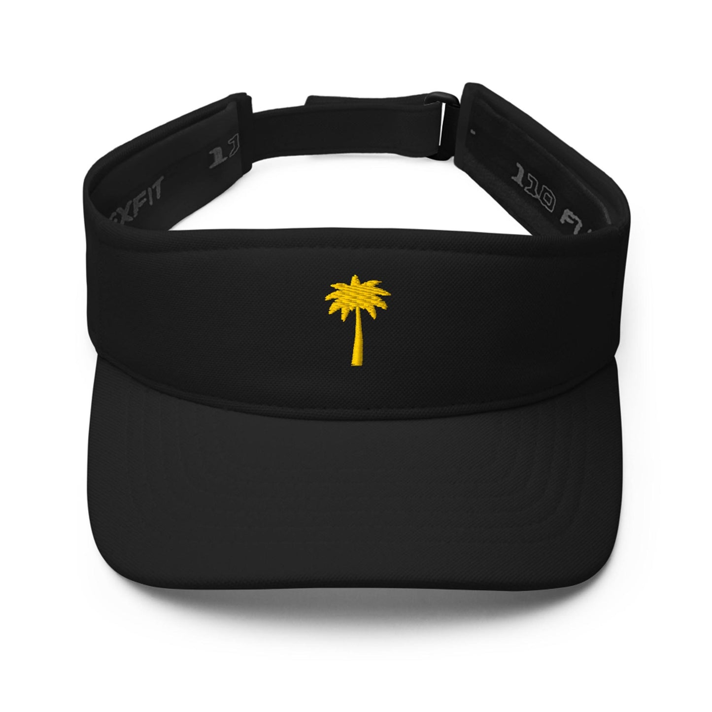 A black sports visor with a small, yellow palm tree embroidered on the front center and a subtle repeating Mambí logo pattern on the inside band.