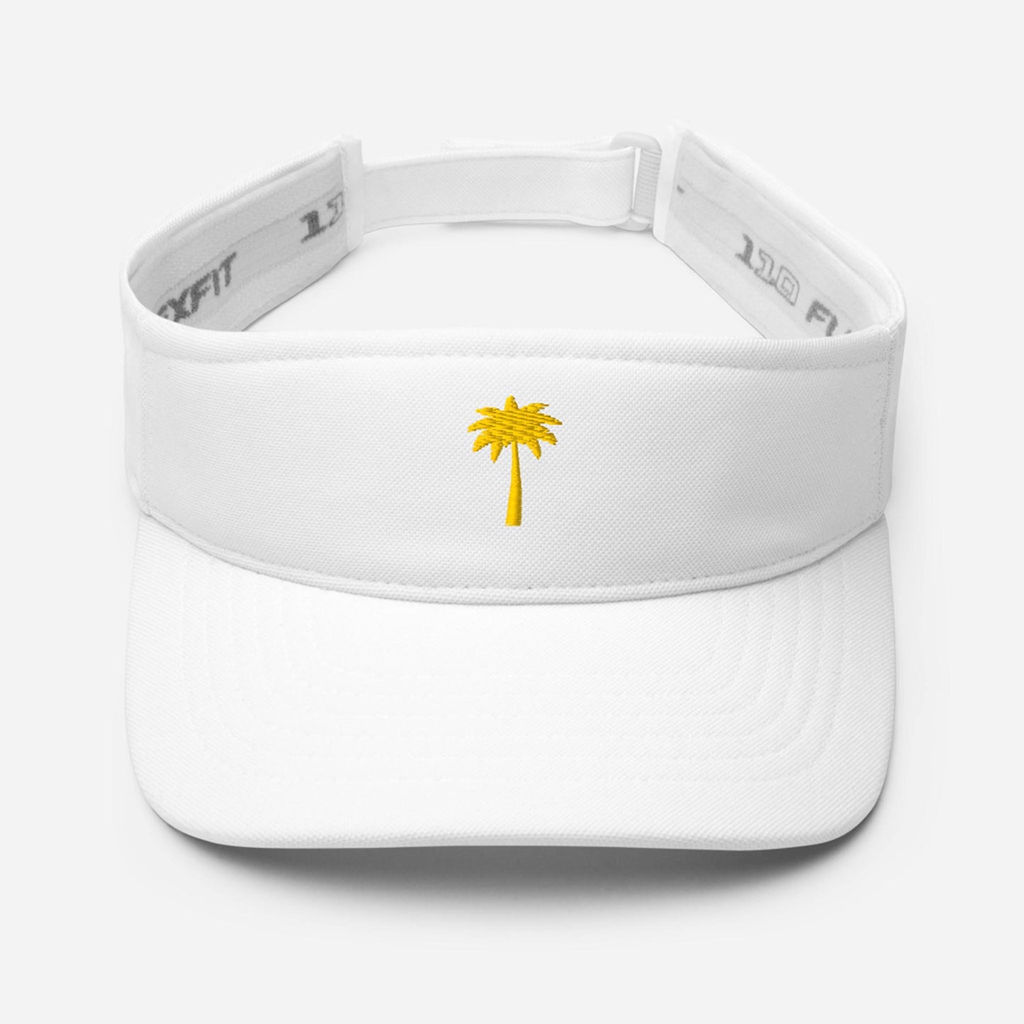 A white Mambí visor hat with a yellow palm tree embroidered on the front center, shown against a plain light gray background.