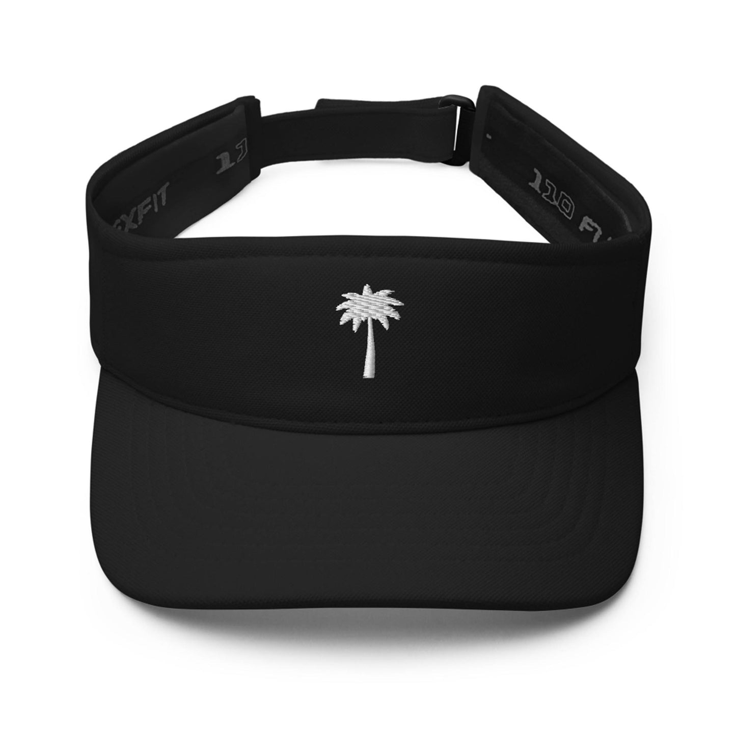 A black sports visor with a white embroidered palm tree on the front center and “FLEXFIT” on the inner band. Inspired by Mambí style.