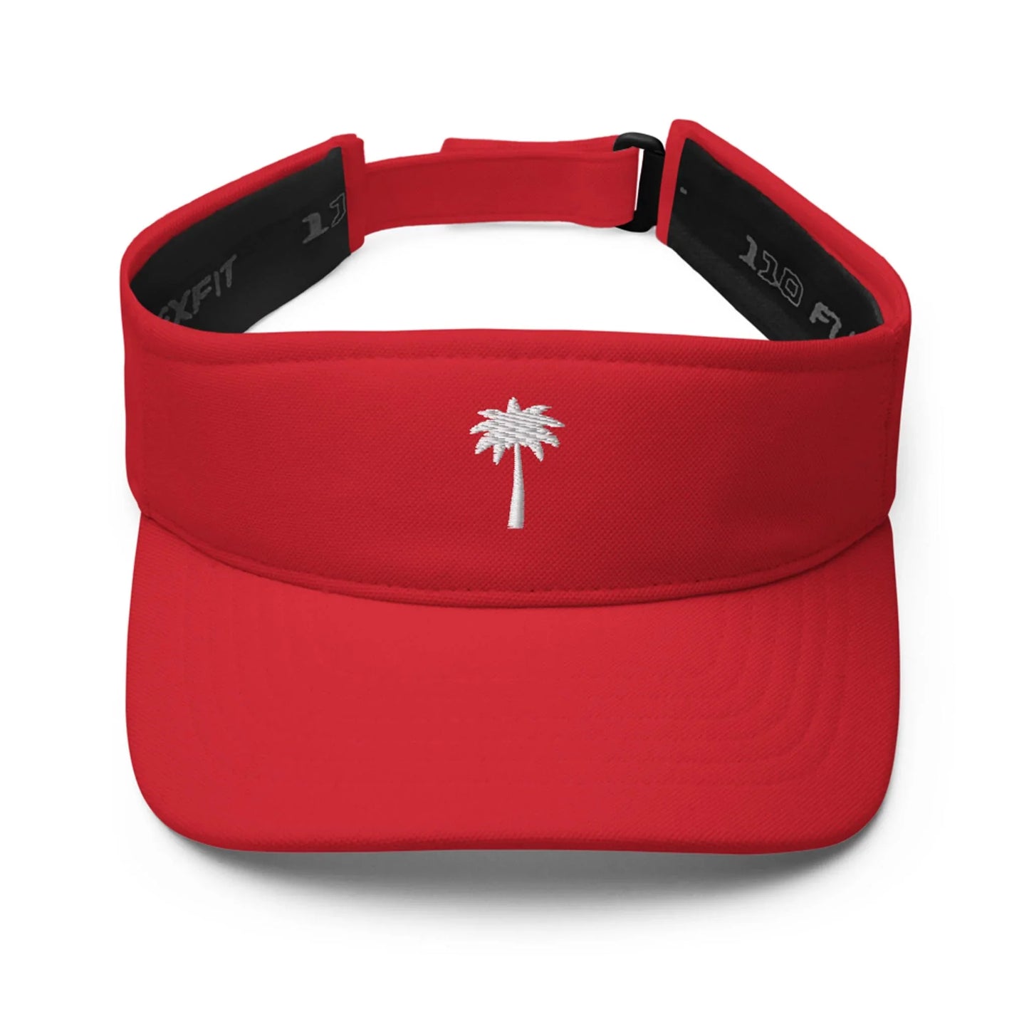 A red sports visor featuring a small white palm tree embroidered on the front panel and Mambí branding. The inner band is black with white text, and the adjustable strap at the back ensures a comfortable fit.