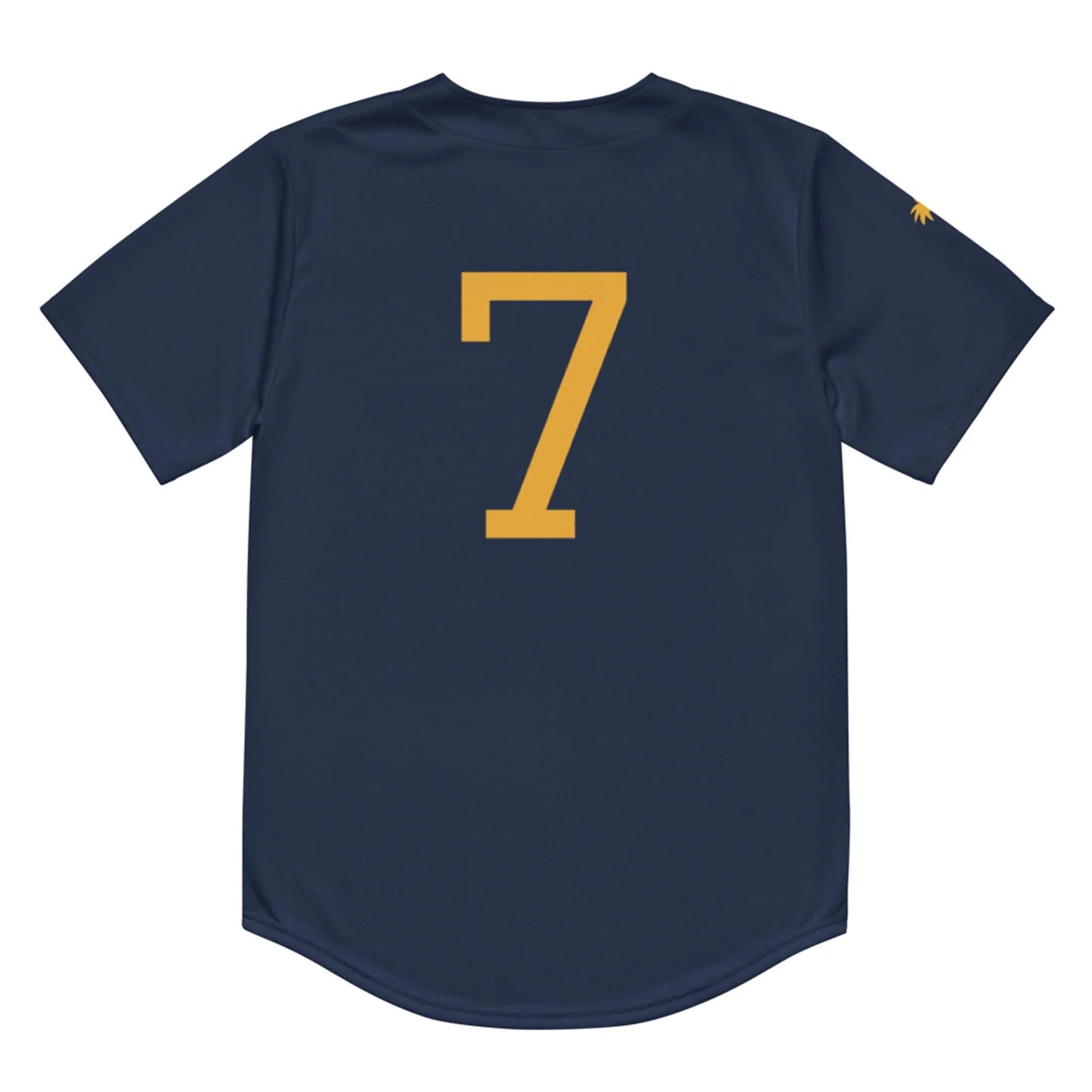 The Zoilo Classic Baseball Jersey by Printful is a unisex navy blue short-sleeve athletic top with a bold yellow number 7 on the back, blending timeless baseball style with modern functionality.