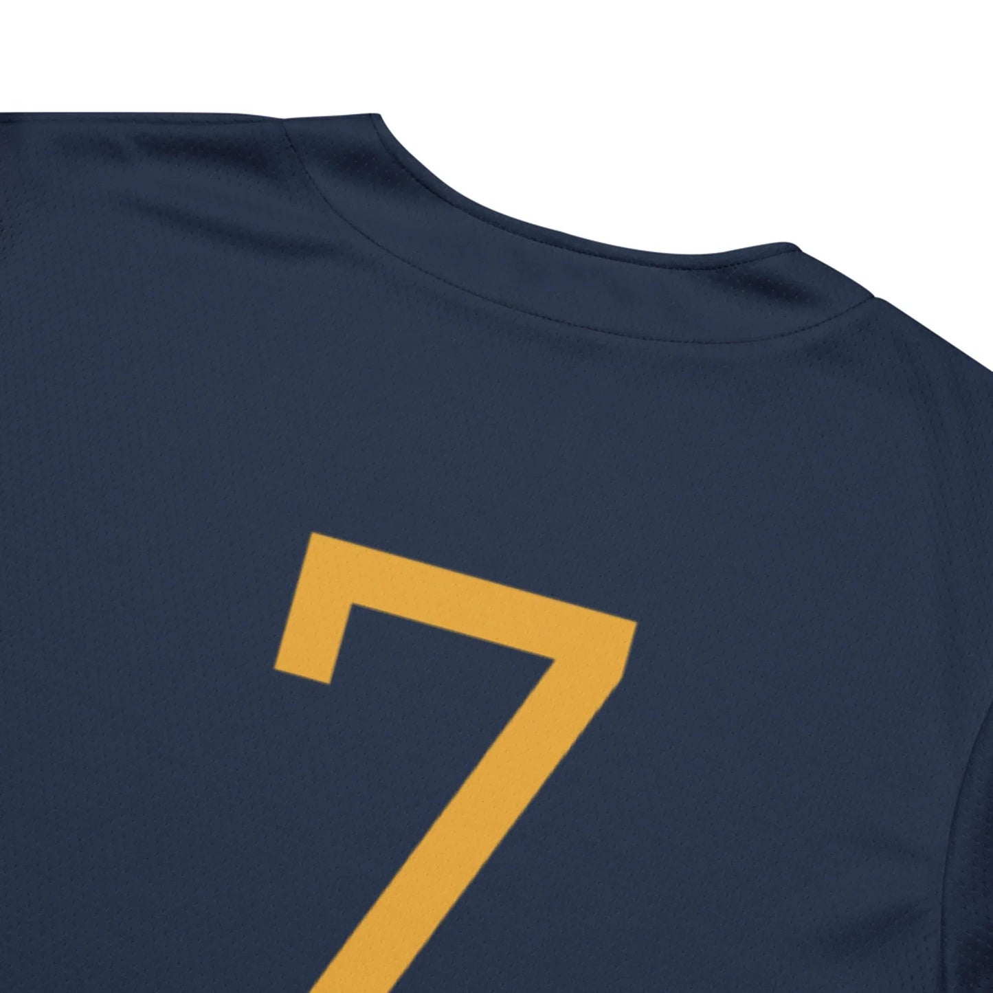 Close-up of the upper back of the Printful Zoilo Classic Baseball Jersey | Unisex, in navy blue, inspired by classic baseball jerseys and featuring a bold yellow number 7 on the fabric.