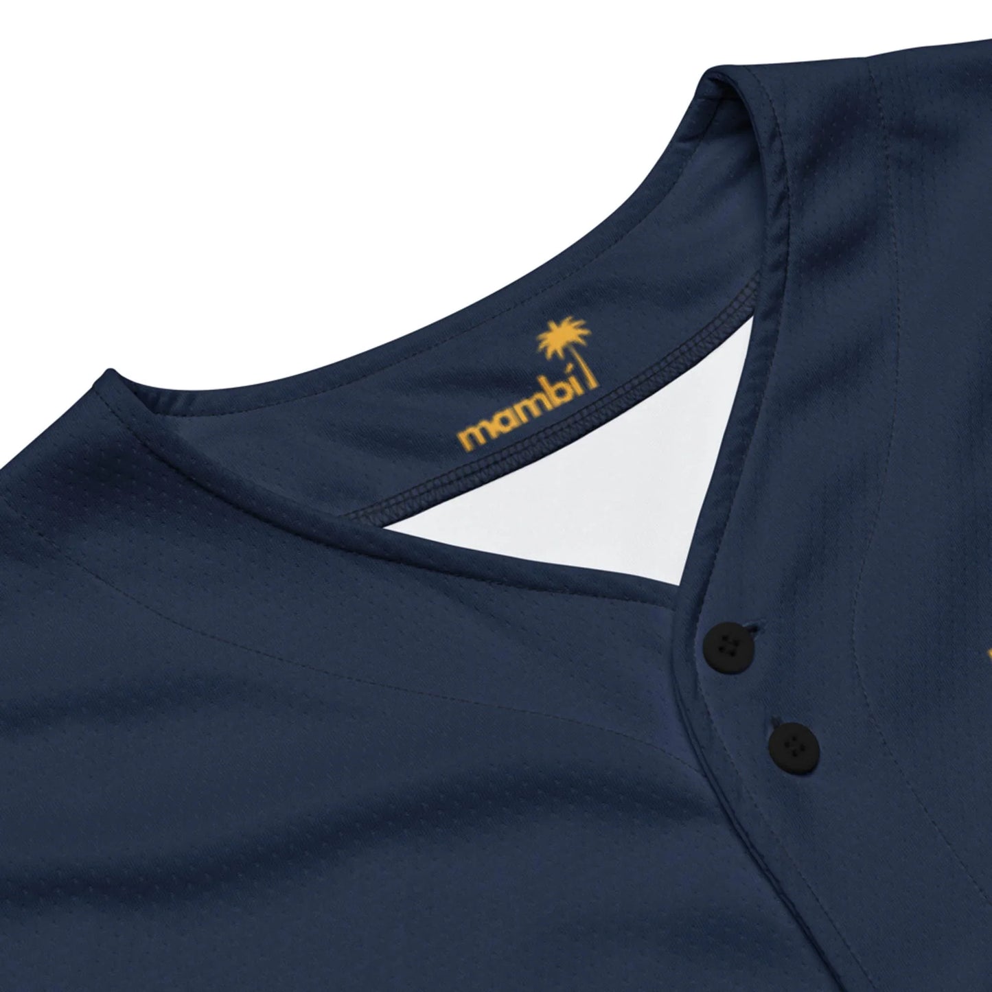 Close-up of the collar and upper chest of the Printful Zoilo Classic Baseball Jersey | Unisex in navy blue, with a yellow palm tree and mambi inside the collar—merging modern style with baseball jersey-inspired details.