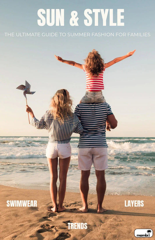 Family in striped summer outfits on beach with ocean waves, promoting summer fashion trends guide.