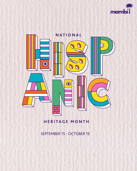Colorful National Hispanic Heritage Month poster with bold graphic text and festival patterns.